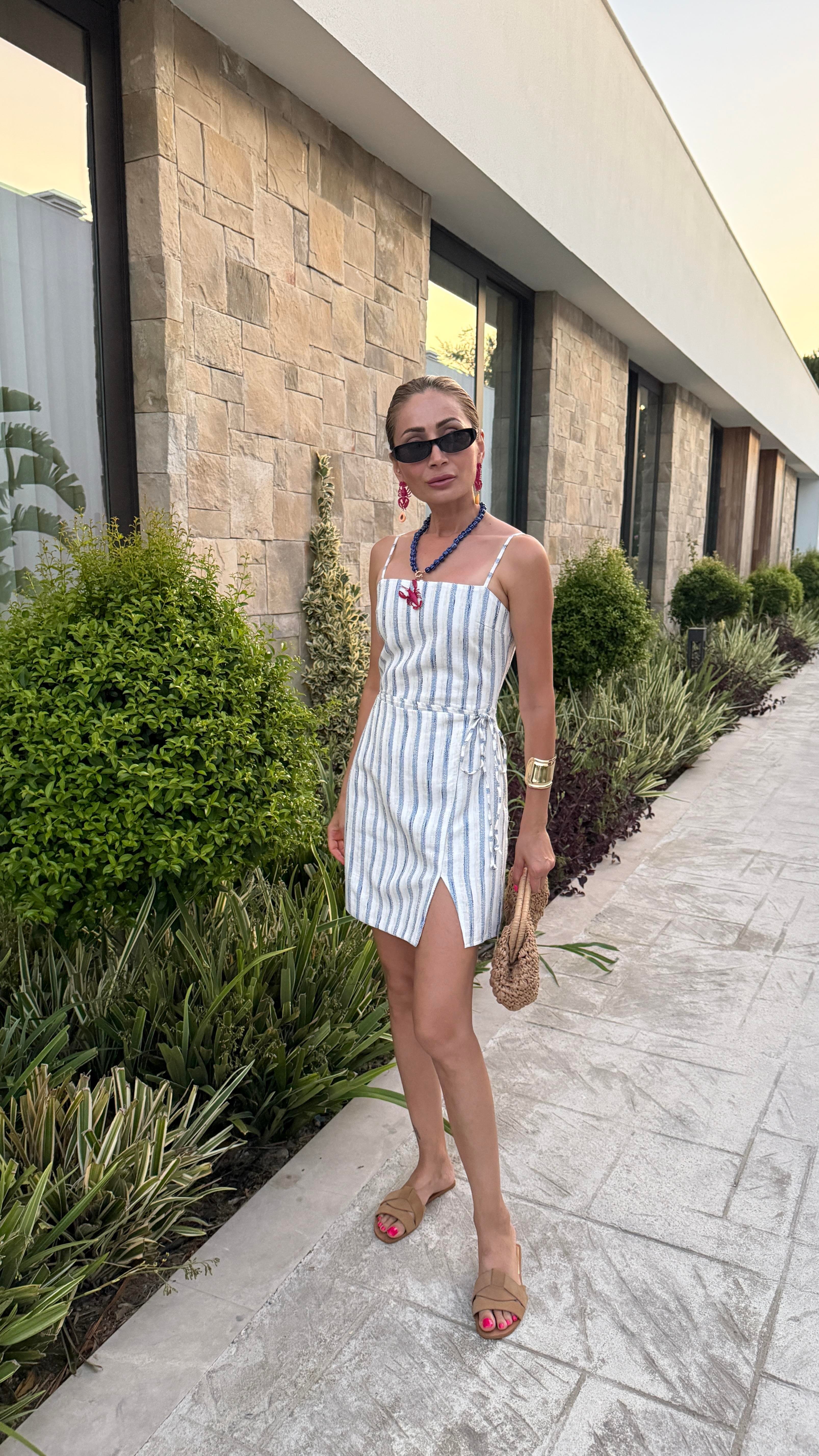 Marin Çizgili Sırtı Lastikli Kısa Elbise ELBİSE | NO33