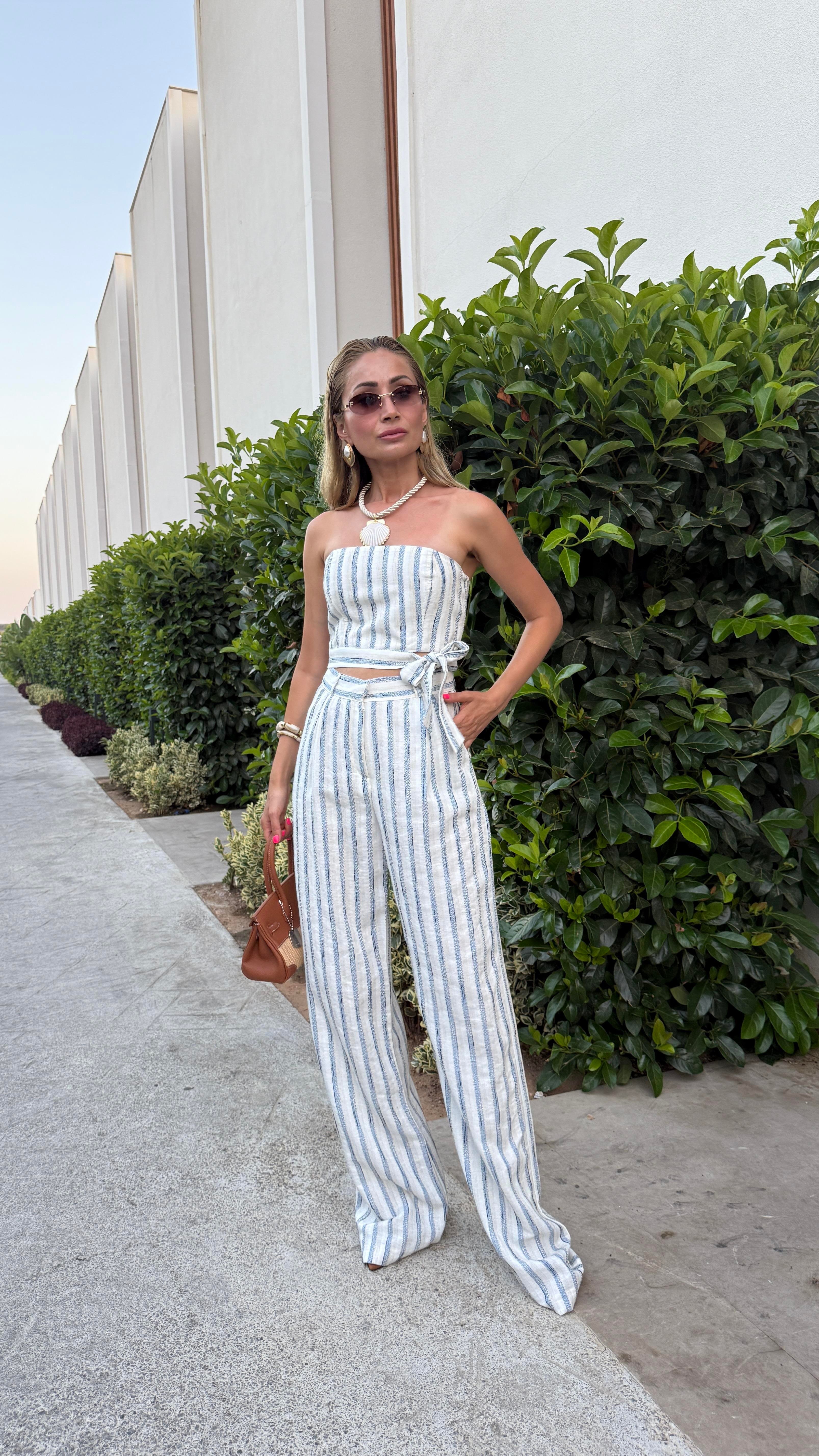 Marin Çizgili Straplez Keten Takım TAKIM | NO33