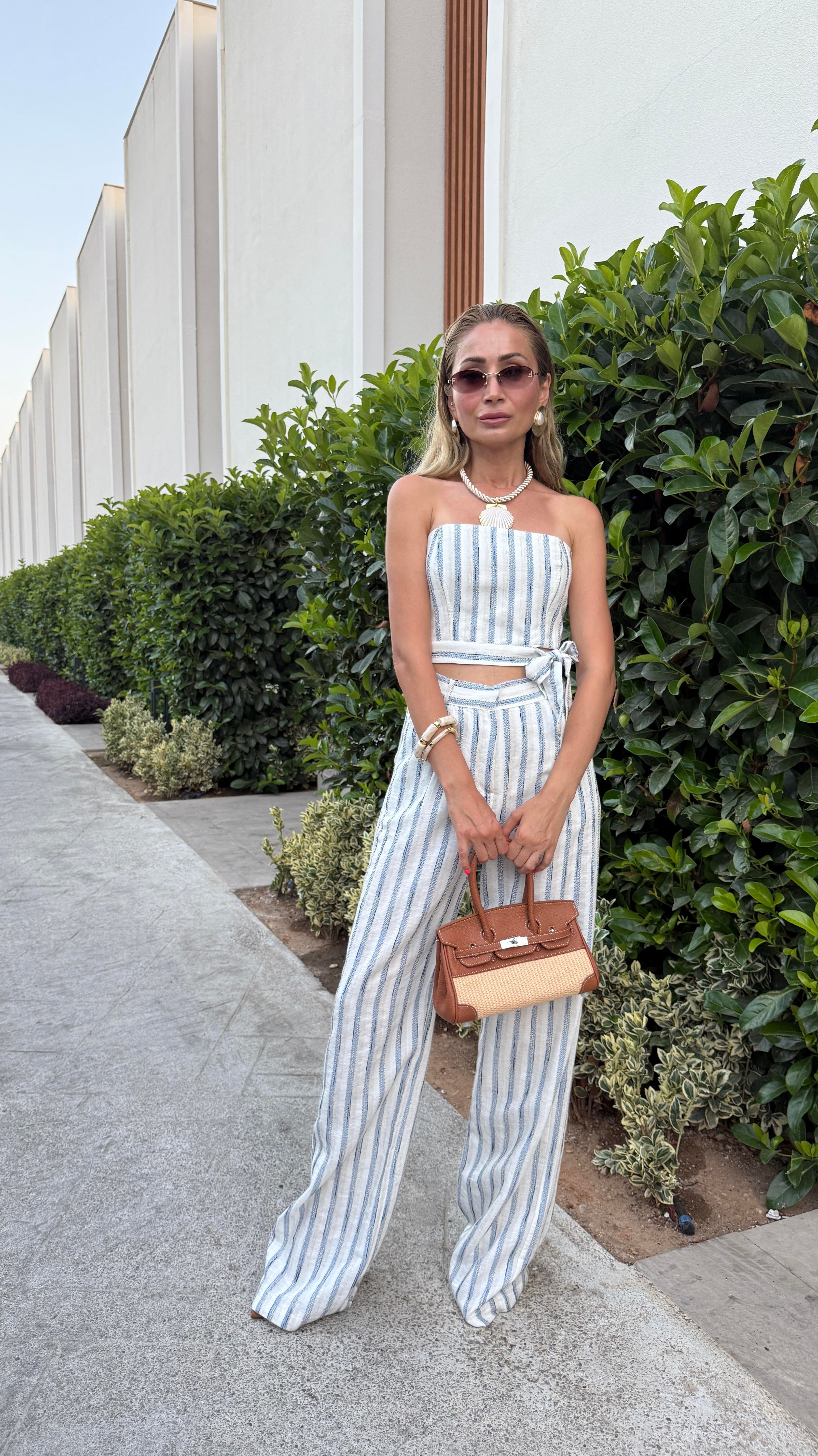 Marin Çizgili Straplez Keten Takım TAKIM | NO33