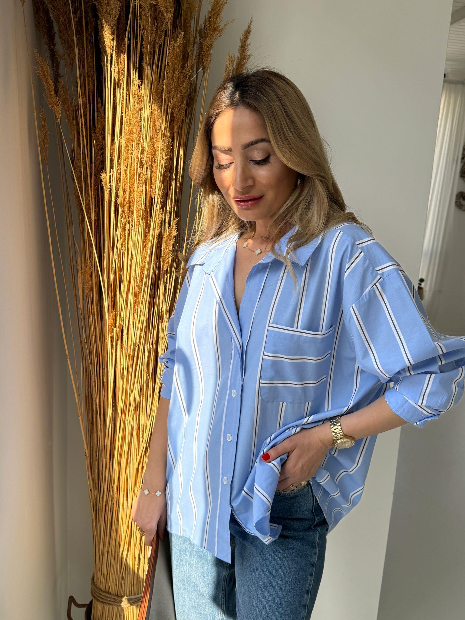 Mavi Siyah Çizgili Oversize Gömlek GÖMLEK
