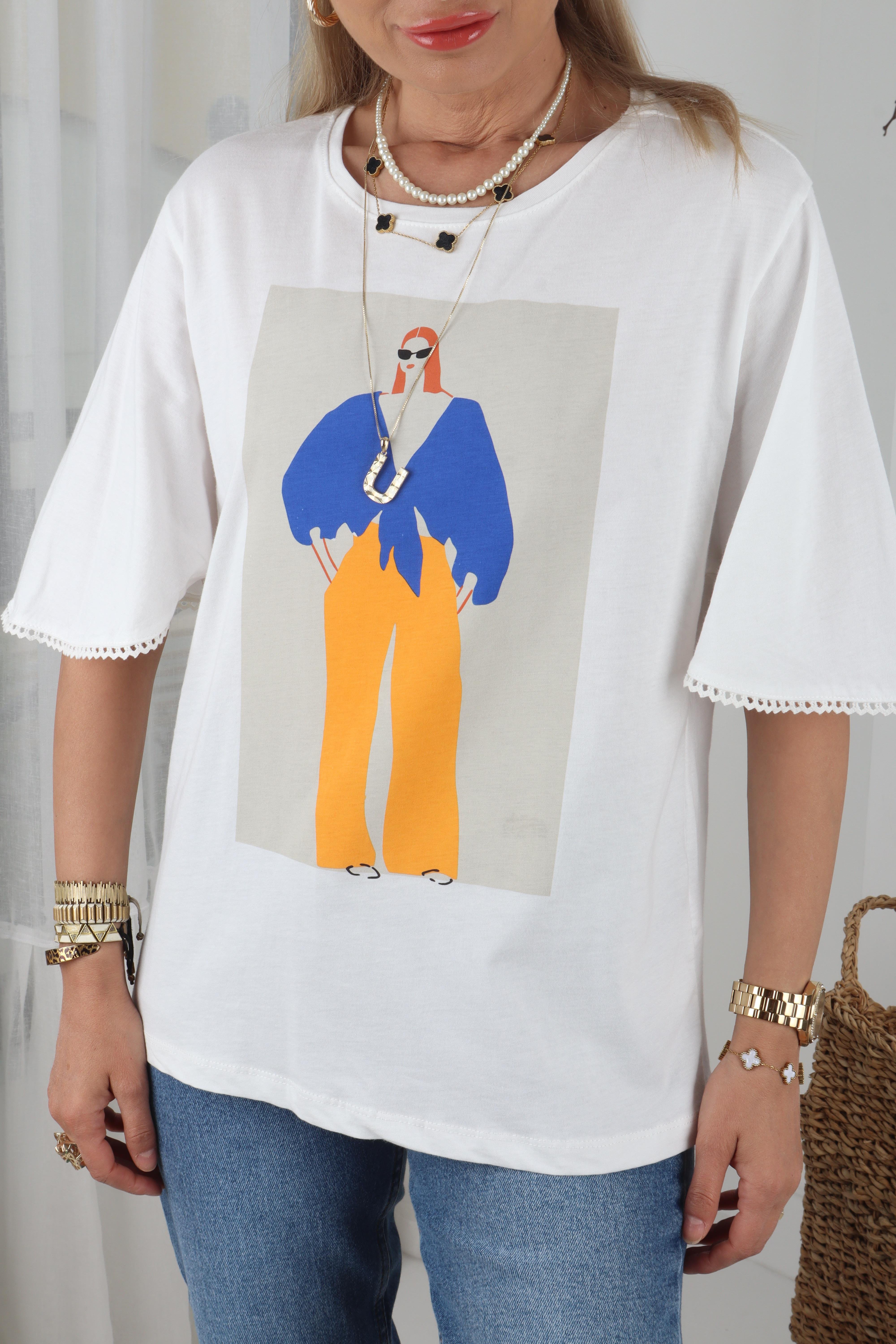 Mavi Turuncu Kadın Baskılı Ekru Tshirt T-SHİRT