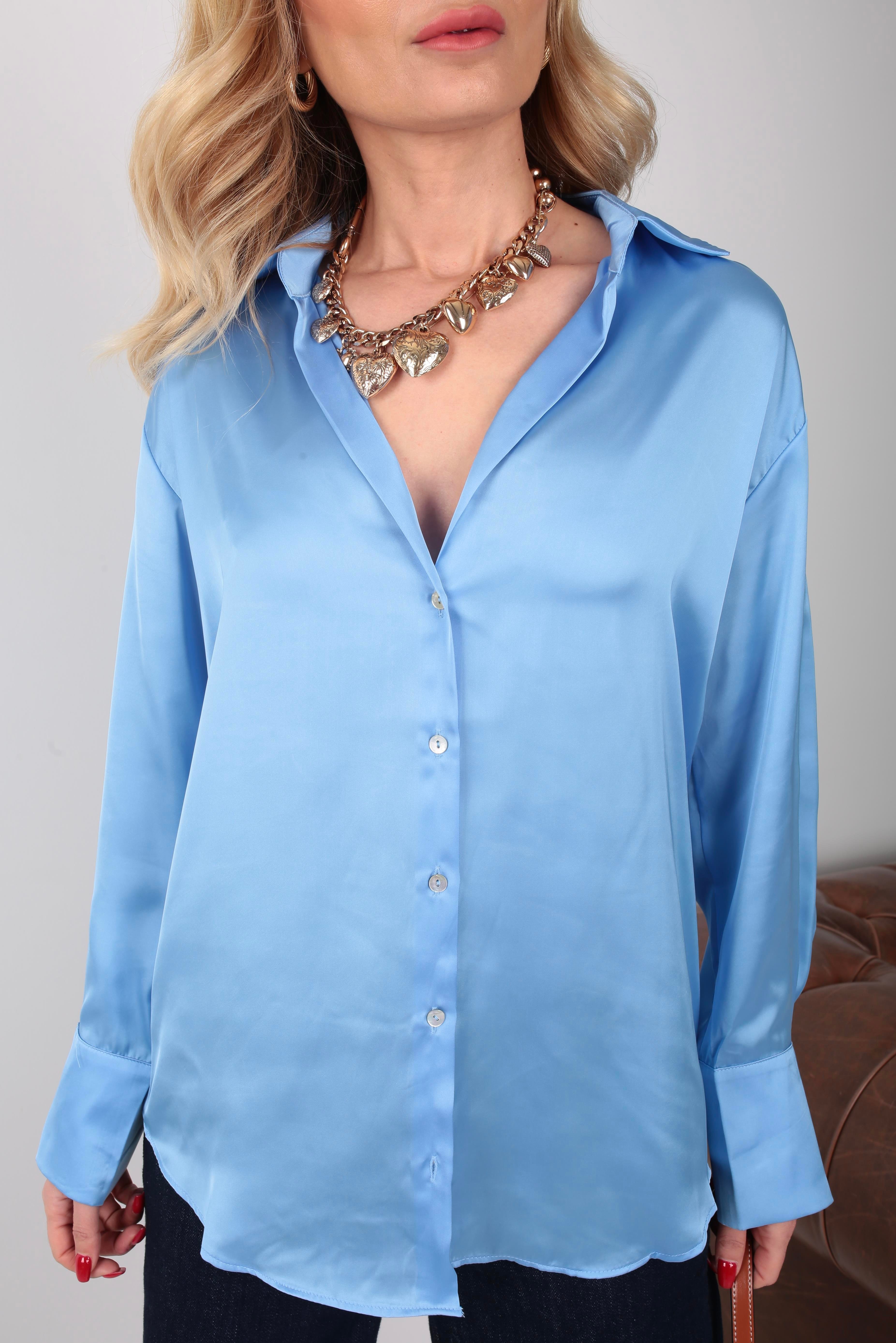 Mavi V Yaka Saten Gömlek GÖMLEK