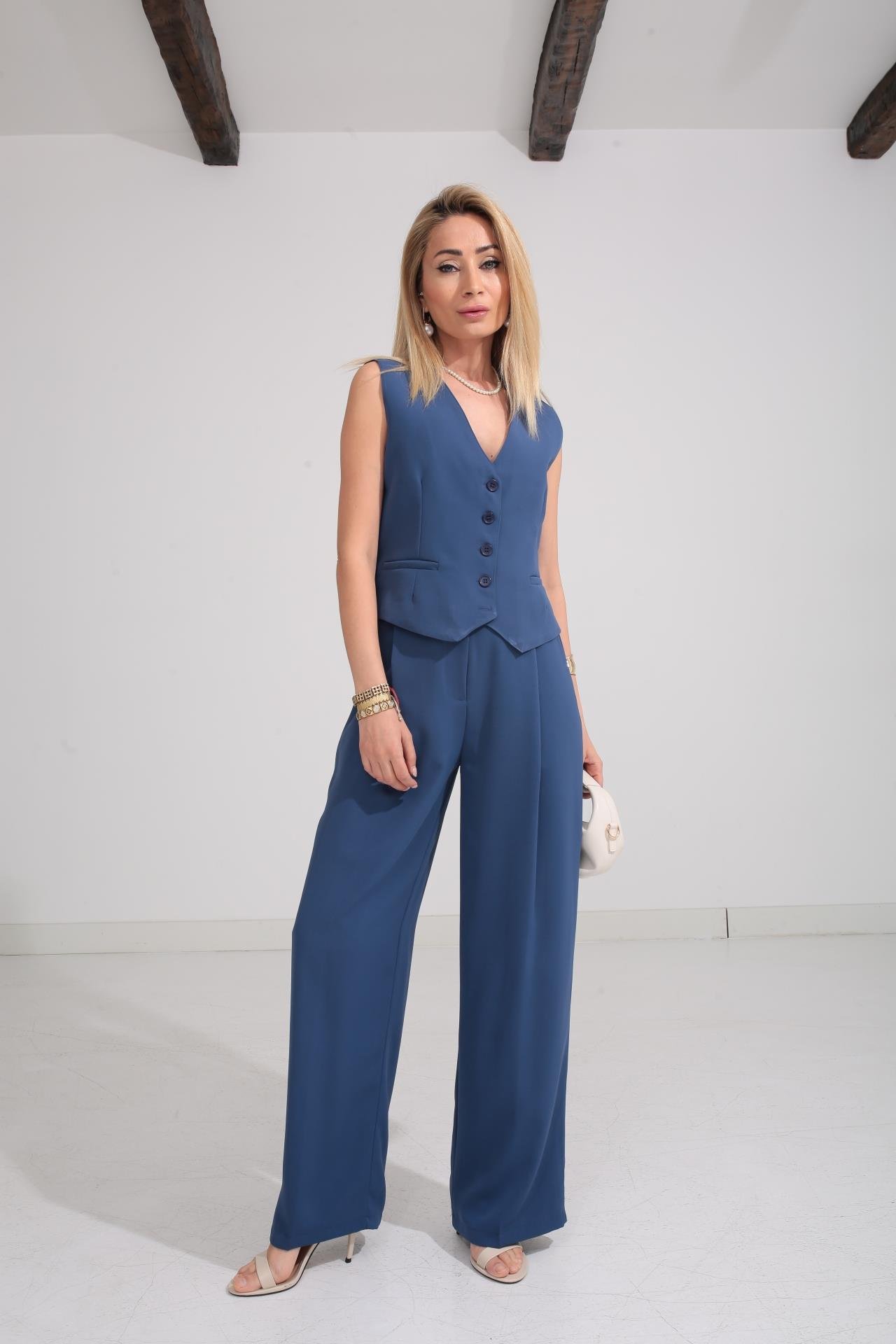 Mavi Yelekli Palazzo Pantolonlu Takım TAKIM