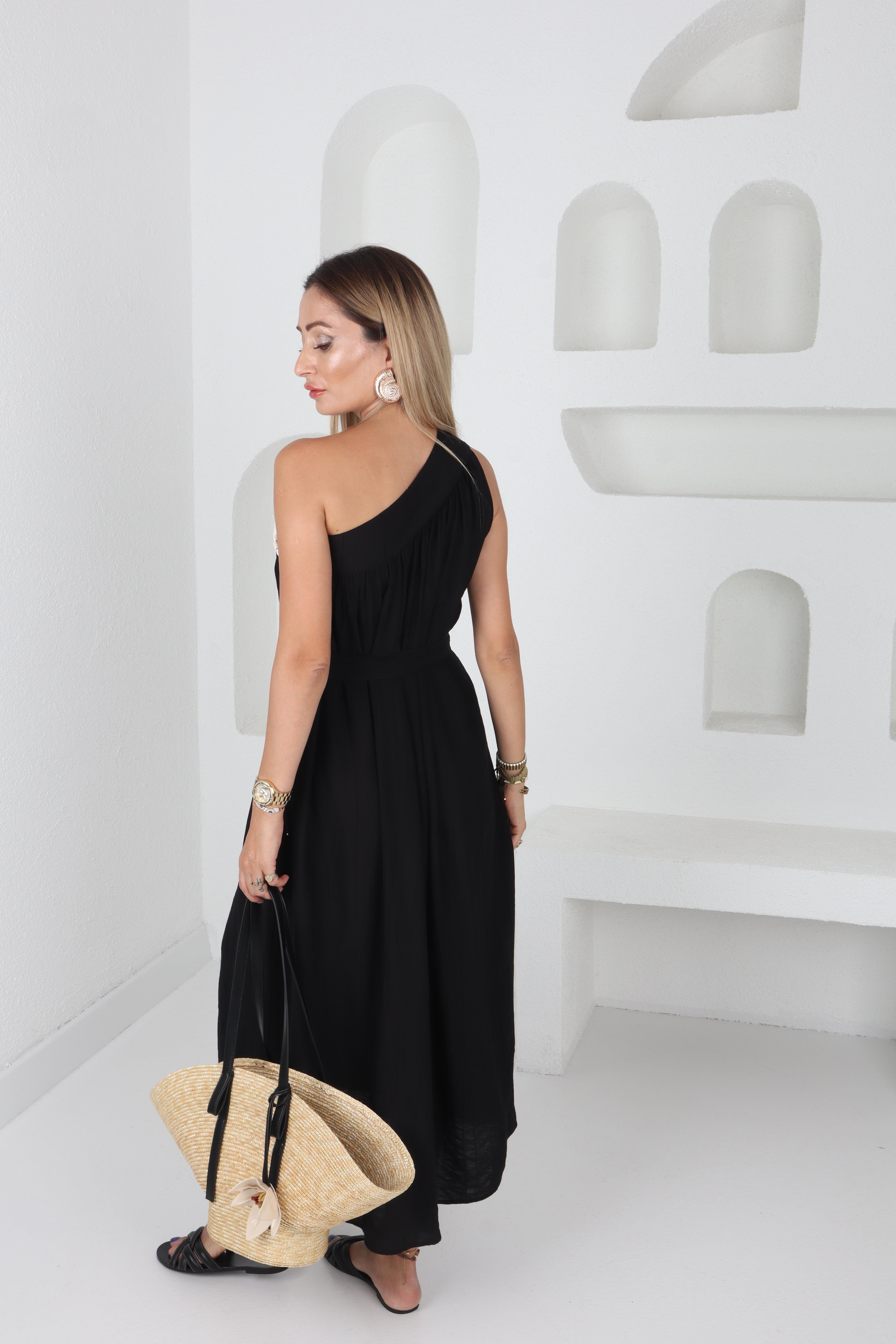 Midye İşlemeli Tek Omuz Siyah Elbise ELBİSE