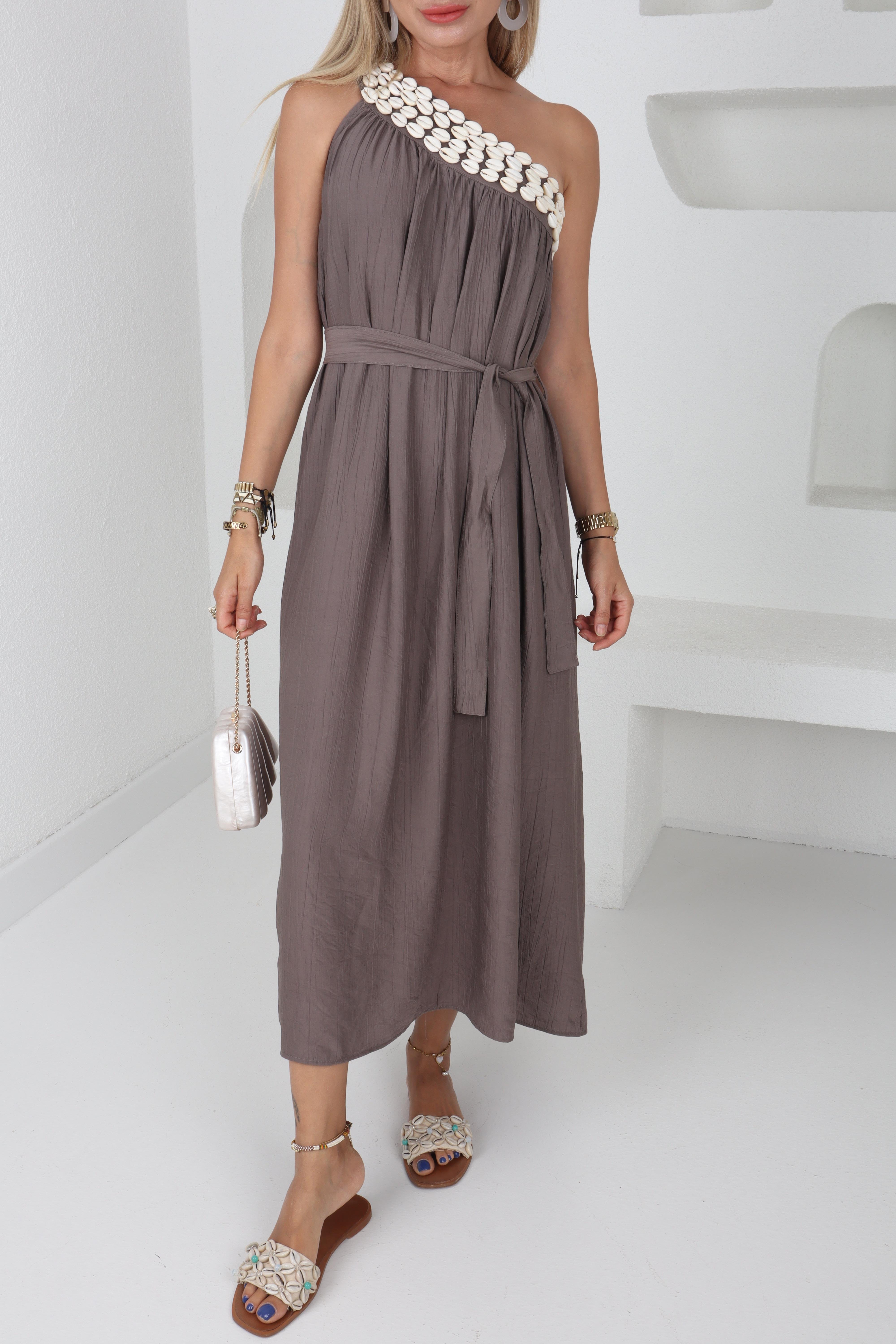 Midye İşlemeli Tek Omuz Vizon Elbise ELBİSE