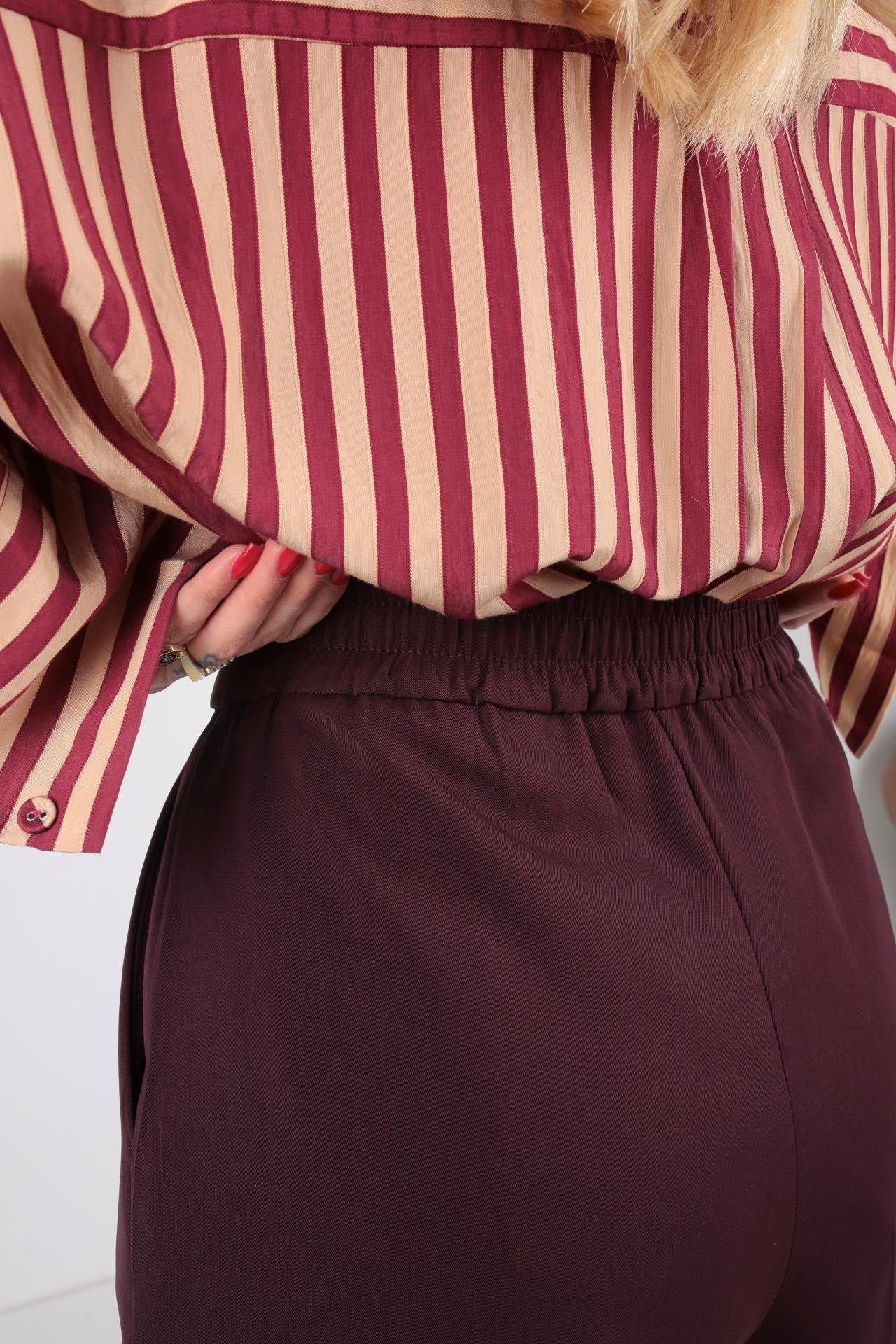 Mürdüm Gold Düğmeli Yarım Lastik Palazzo Pantolon PANTOLON