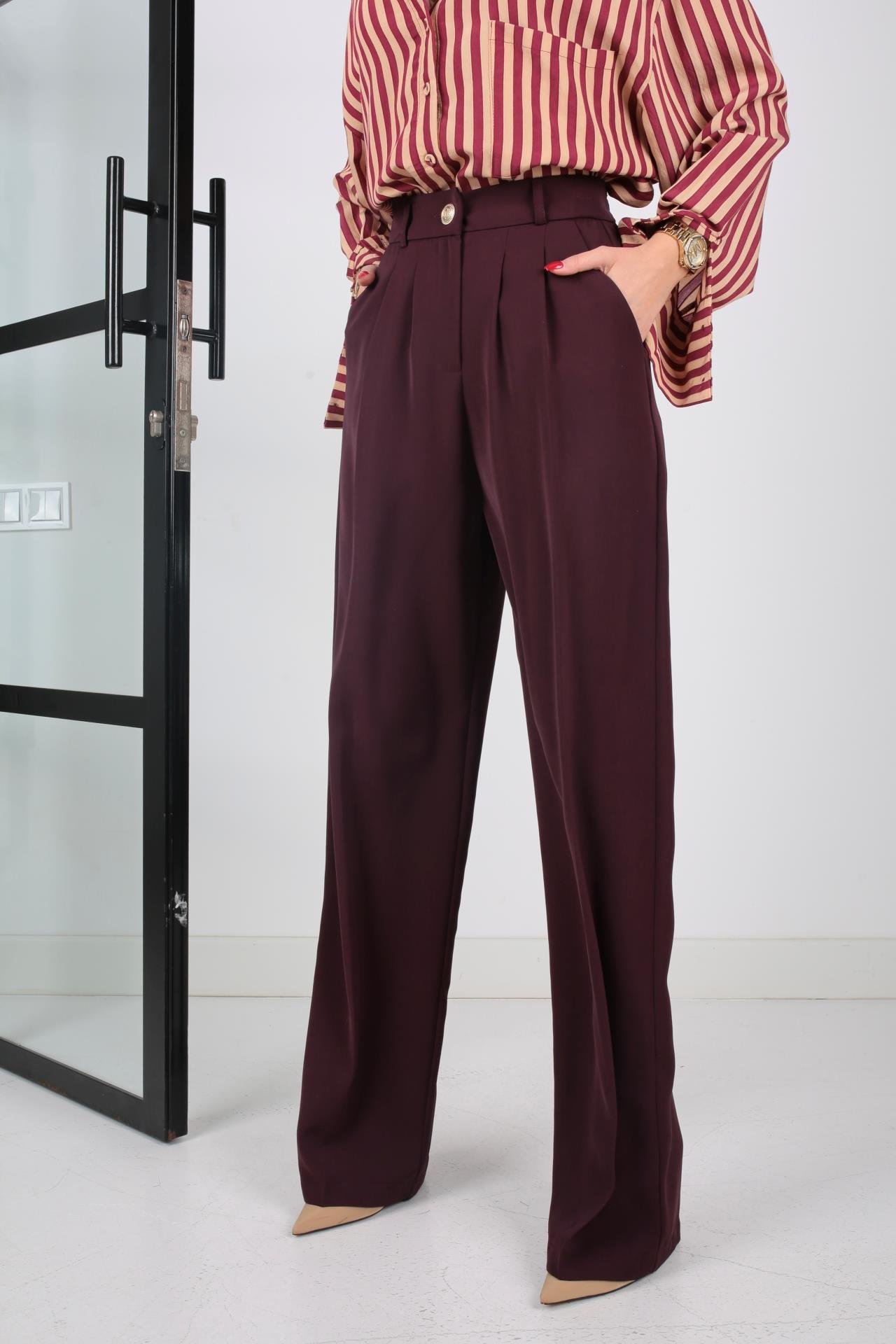 Mürdüm Gold Düğmeli Yarım Lastik Palazzo Pantolon PANTOLON