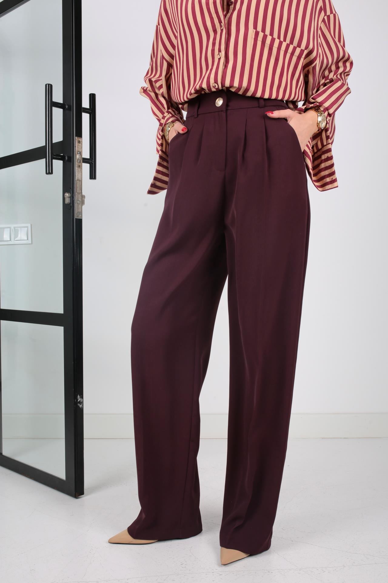 Mürdüm Gold Düğmeli Yarım Lastik Palazzo Pantolon PANTOLON