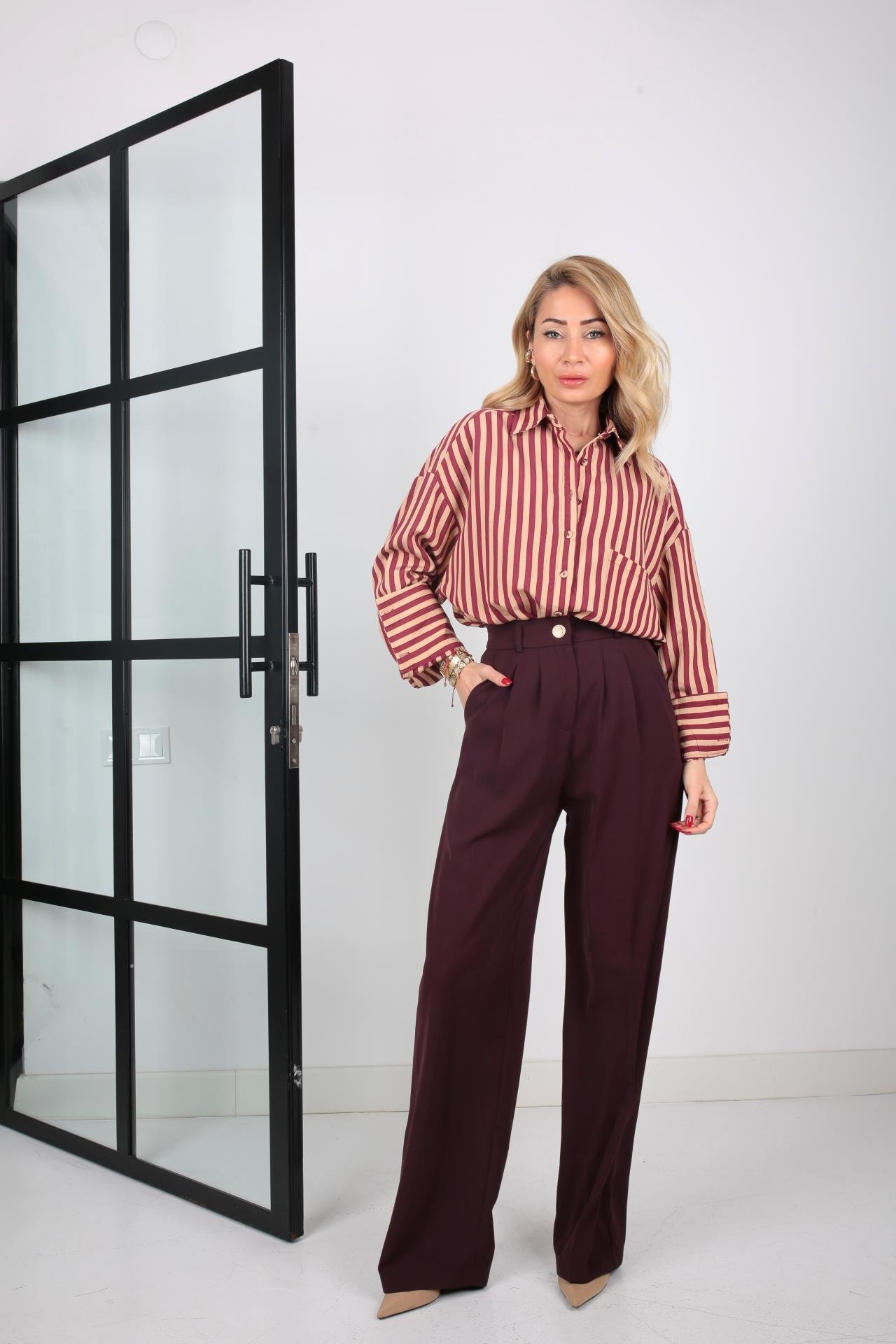 Mürdüm Gold Düğmeli Yarım Lastik Palazzo Pantolon PANTOLON