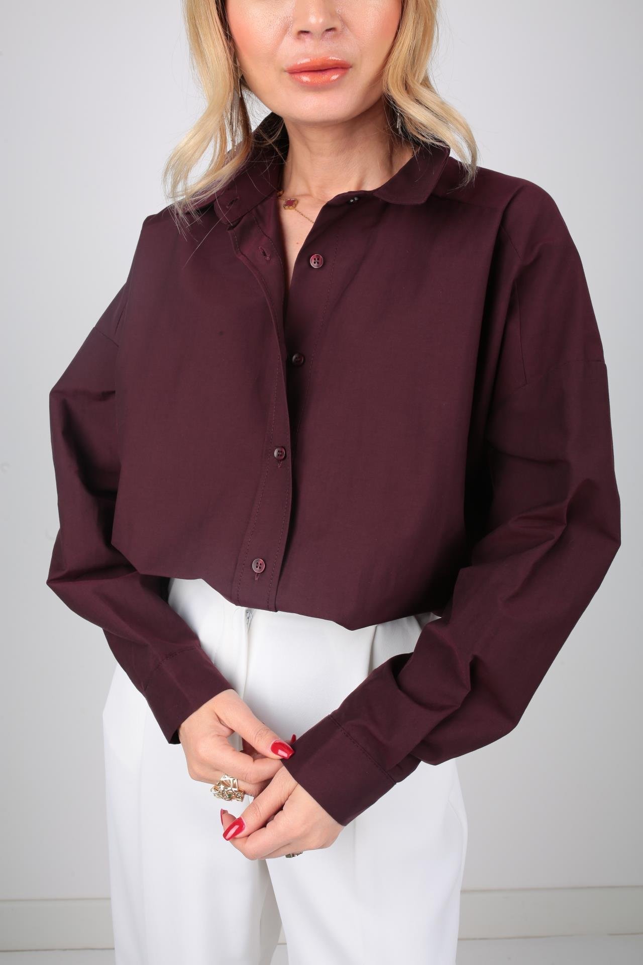 Mürdüm Oversize Yanı Yırtmaçlı Gömlek GÖMLEK