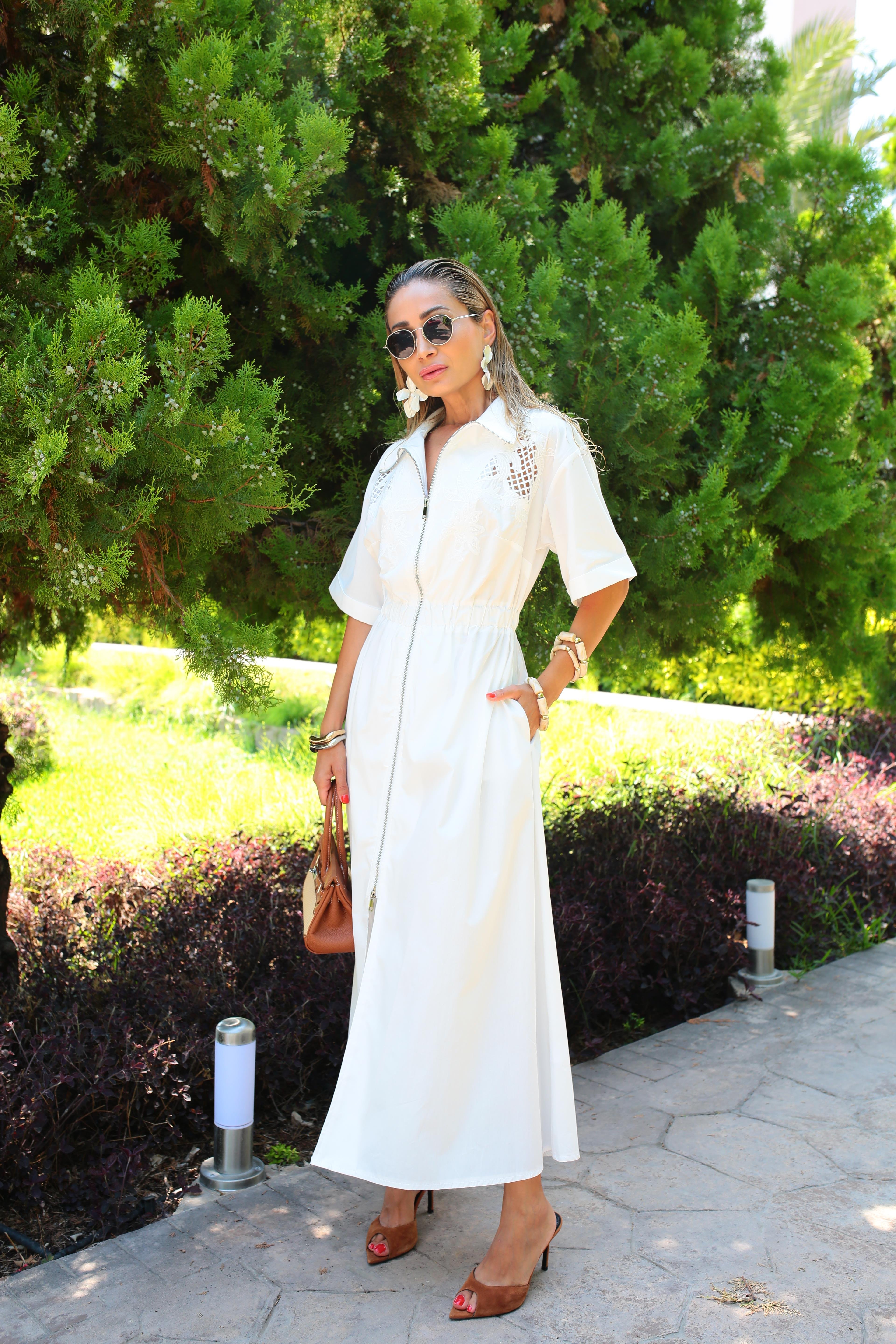 Nakış İşli Boydan Metal Fermuarlı  Beyaz Elbise ELBİSE | NO33