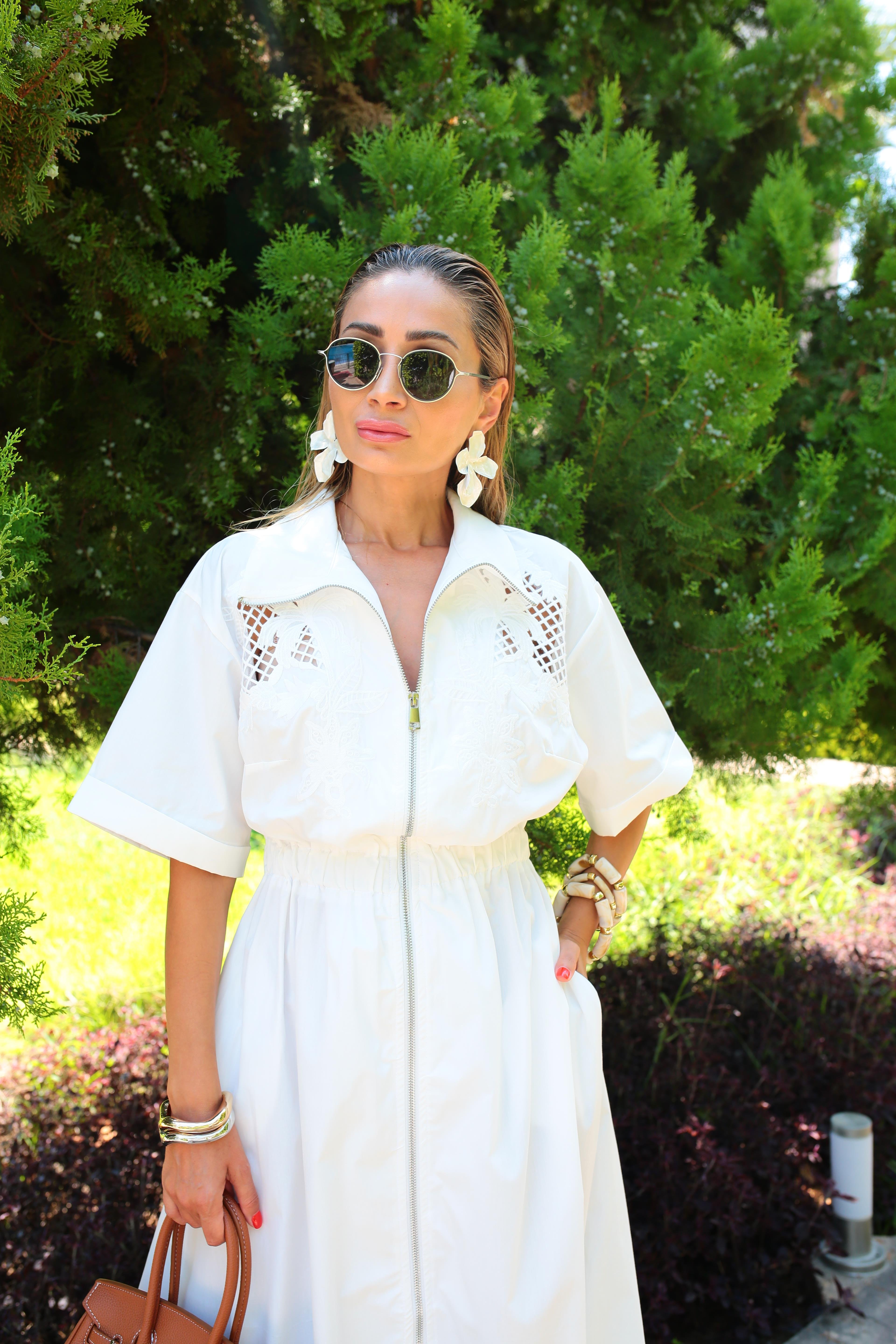 Nakış İşli Boydan Metal Fermuarlı  Beyaz Elbise ELBİSE | NO33