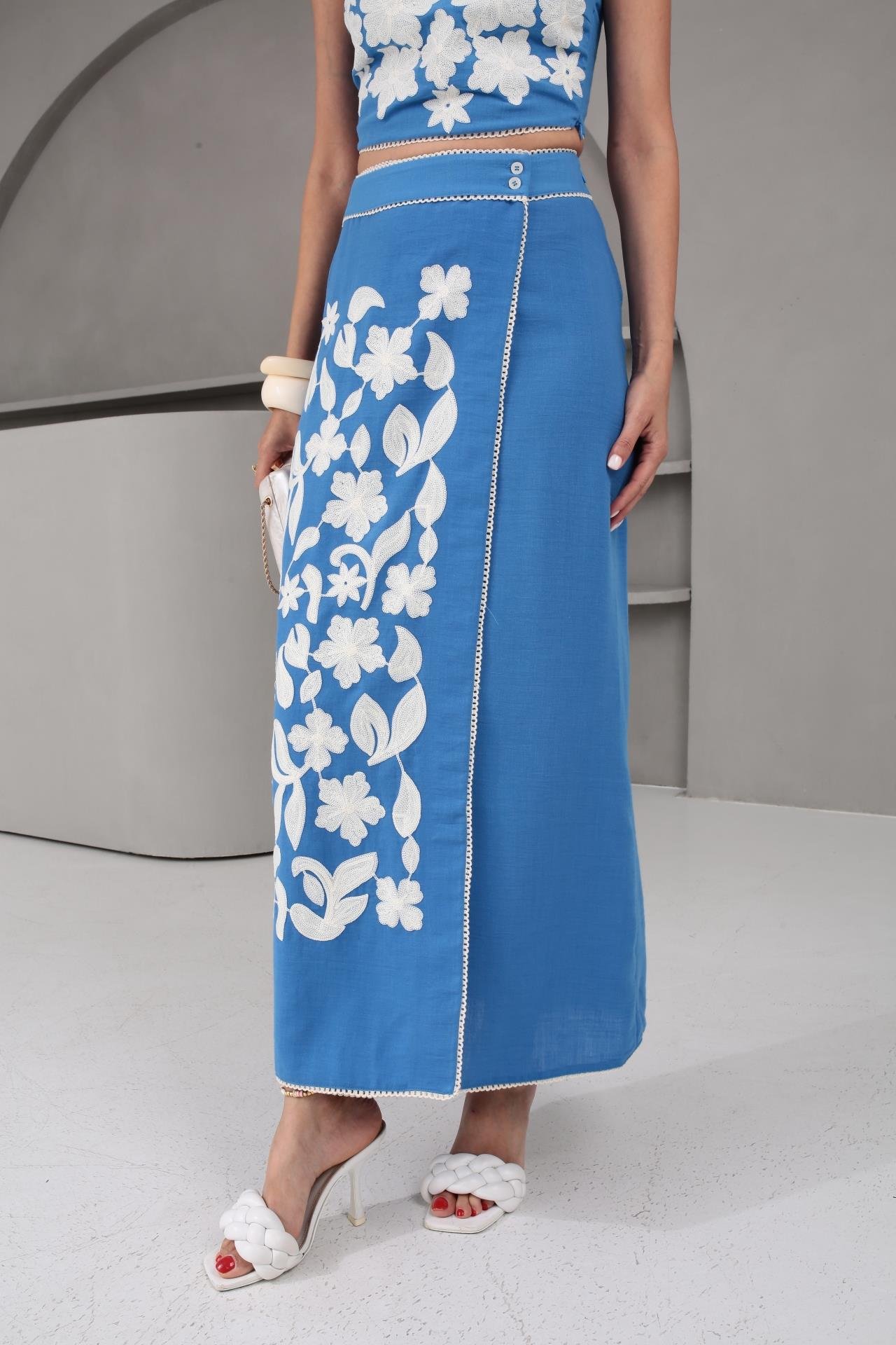 Nakış İşli Kruvaze Kapama Mavi Etek Crop Takım TAKIM | NO33