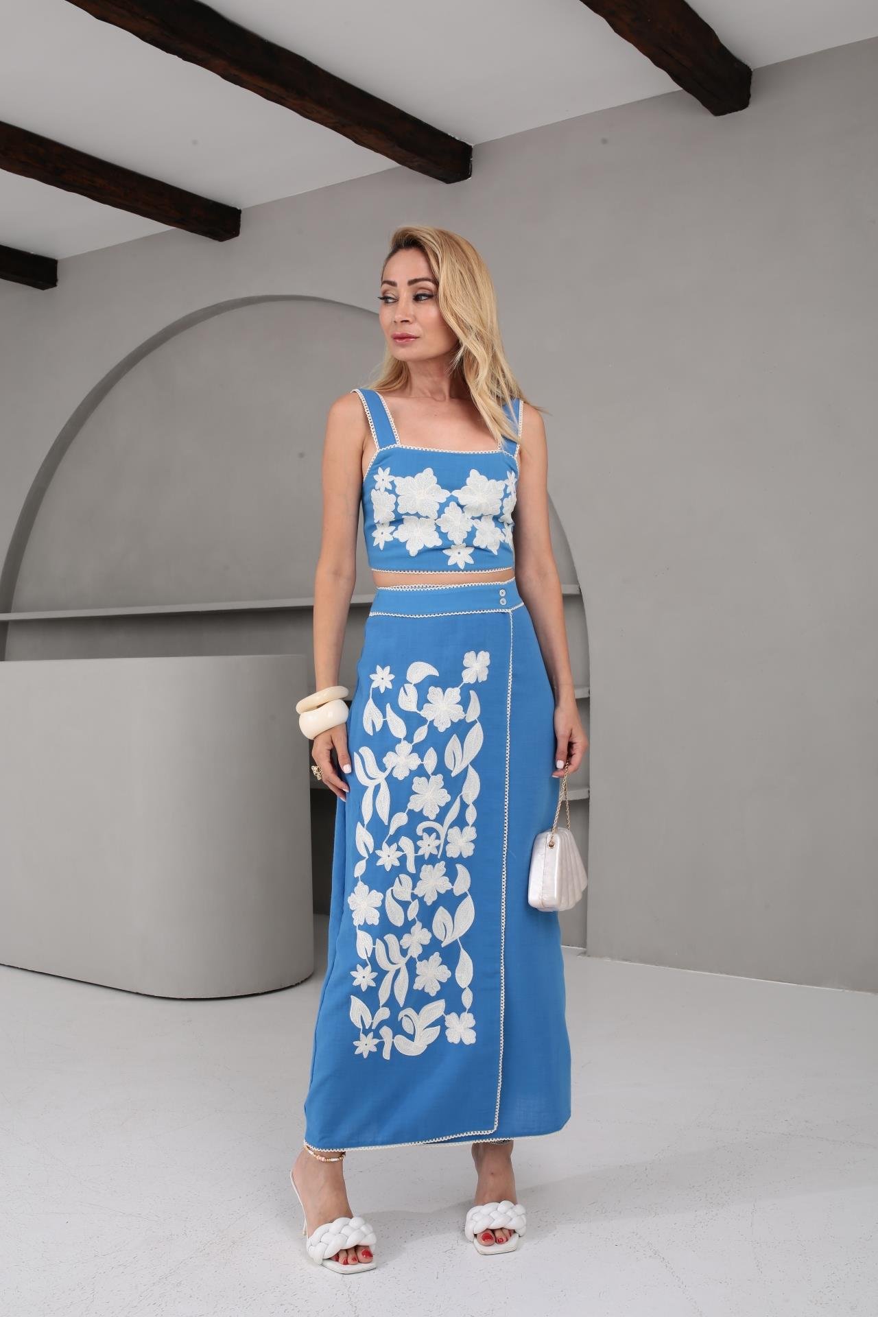 Nakış İşli Kruvaze Kapama Mavi Etek Crop Takım TAKIM | NO33