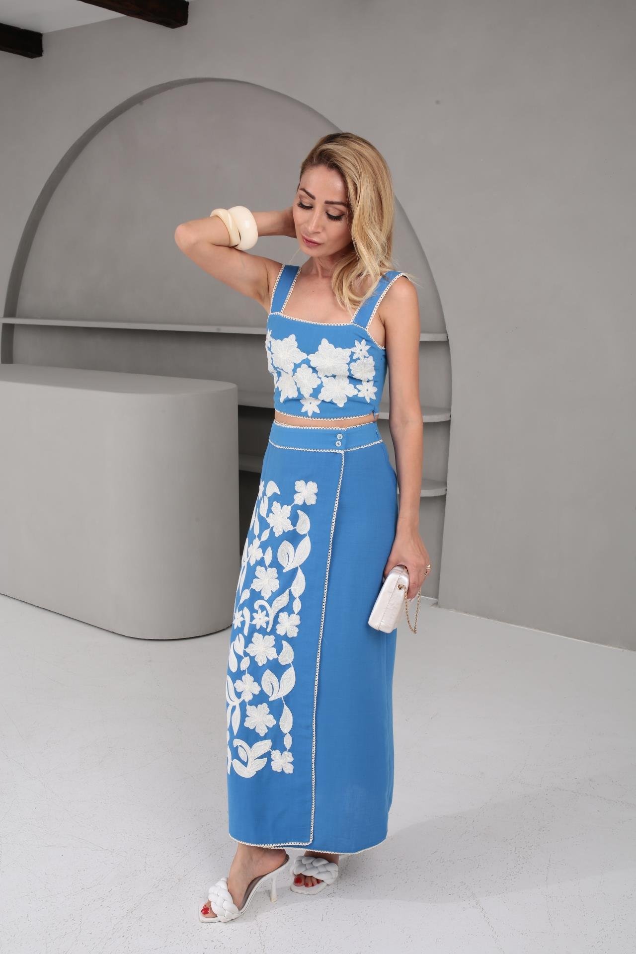 Nakış İşli Kruvaze Kapama Mavi Etek Crop Takım TAKIM | NO33