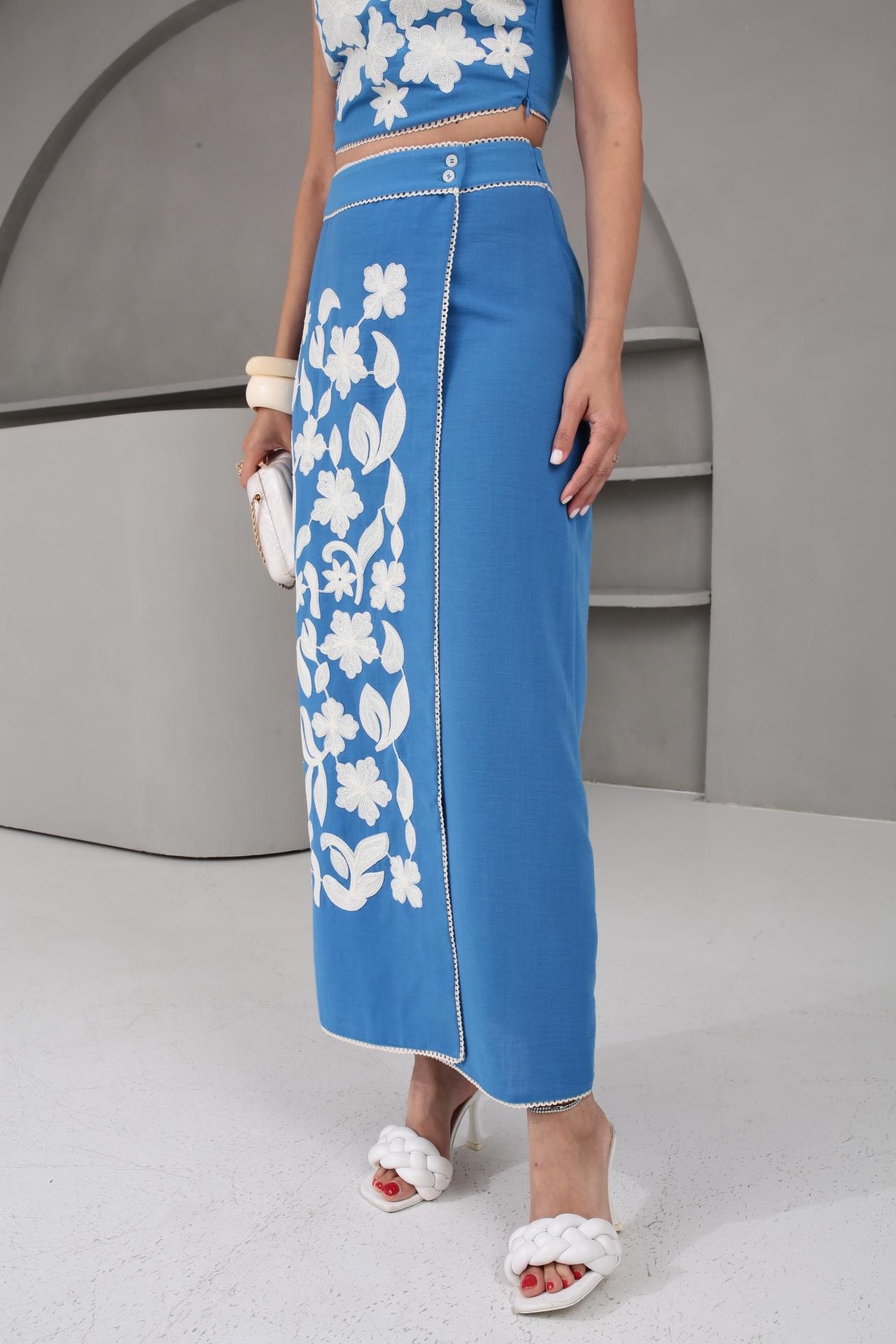 Nakış İşli Kruvaze Kapama Mavi Etek Crop Takım TAKIM | NO33