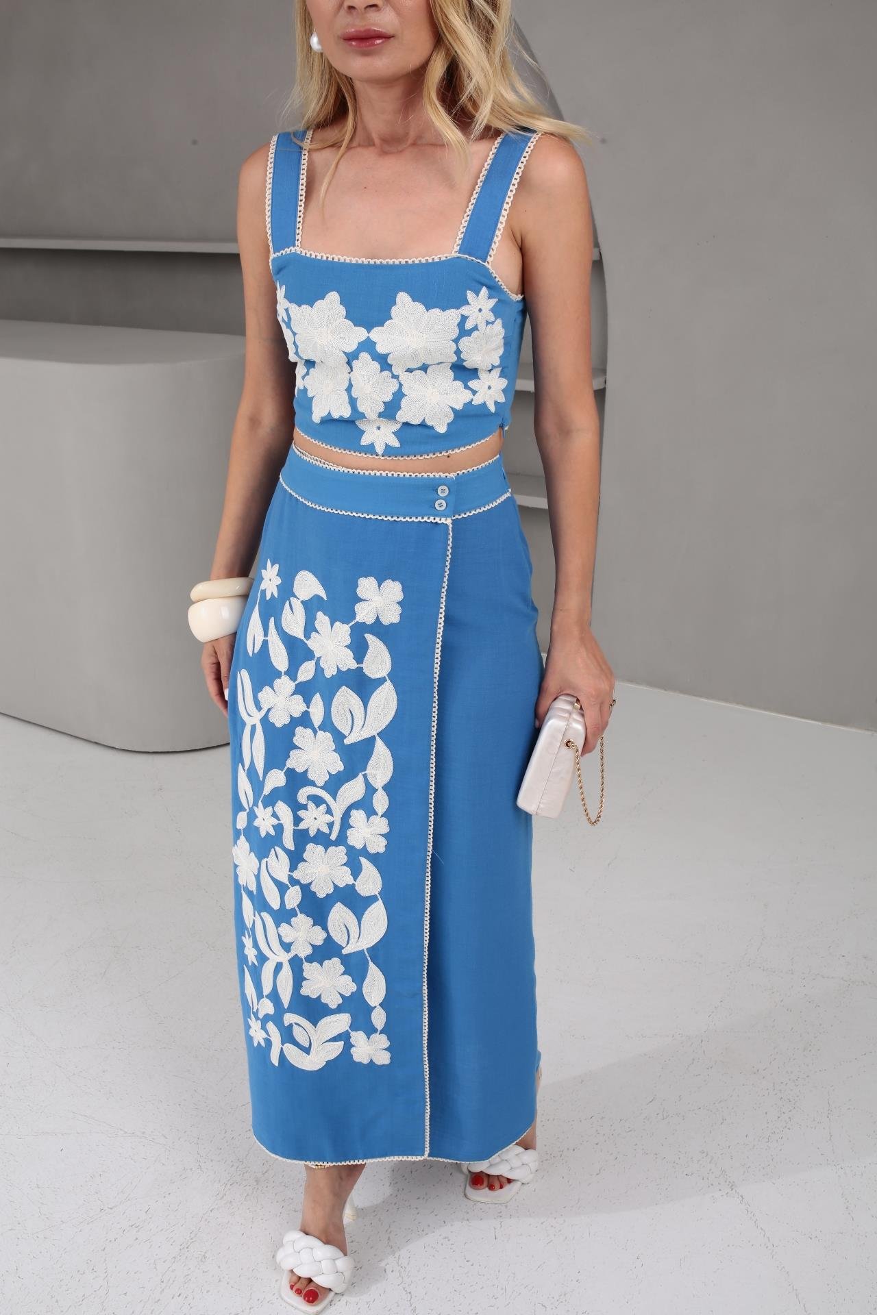 Nakış İşli Kruvaze Kapama Mavi Etek Crop Takım TAKIM | NO33