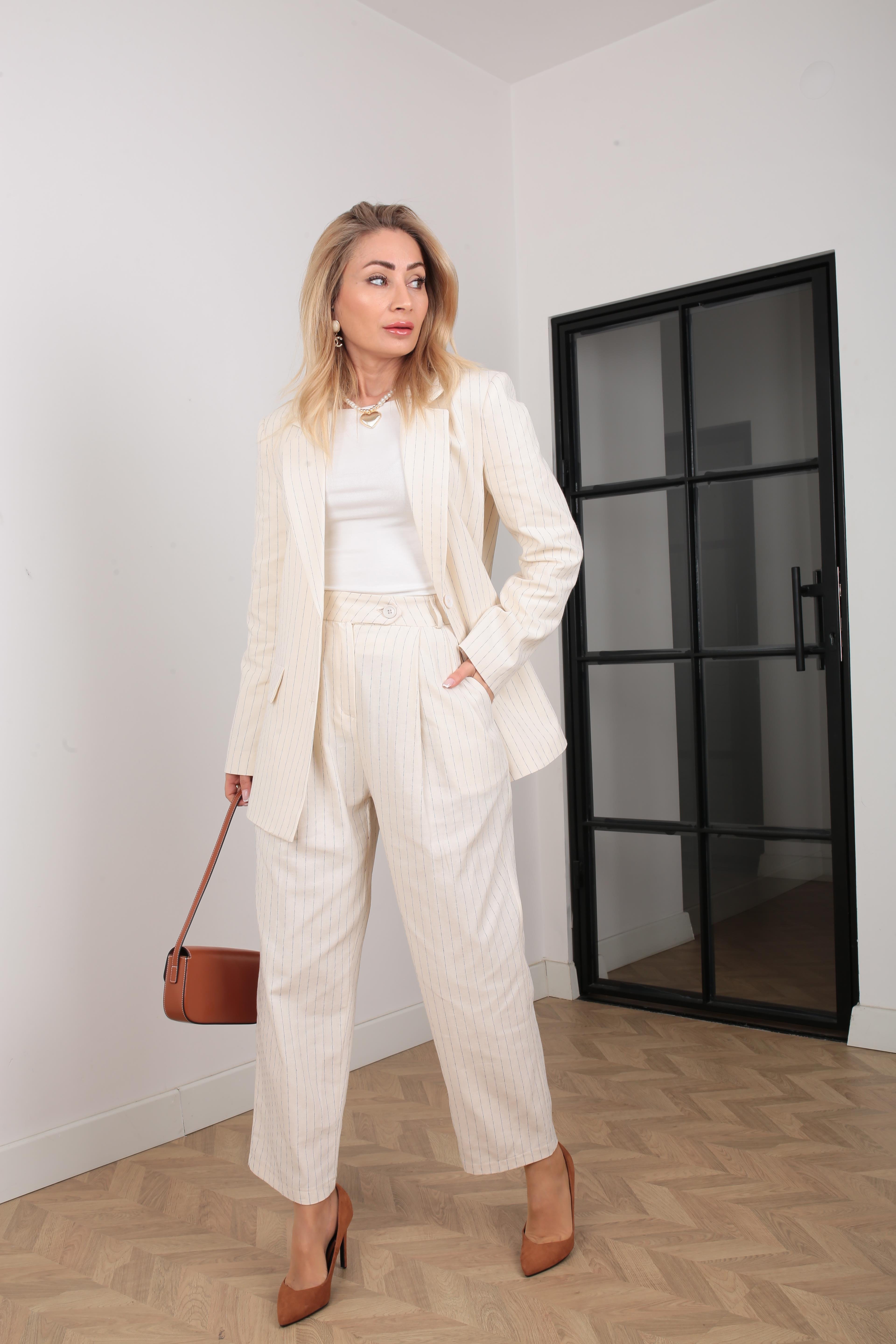 Naturel İnce Çizgili Keten Takım TAKIM