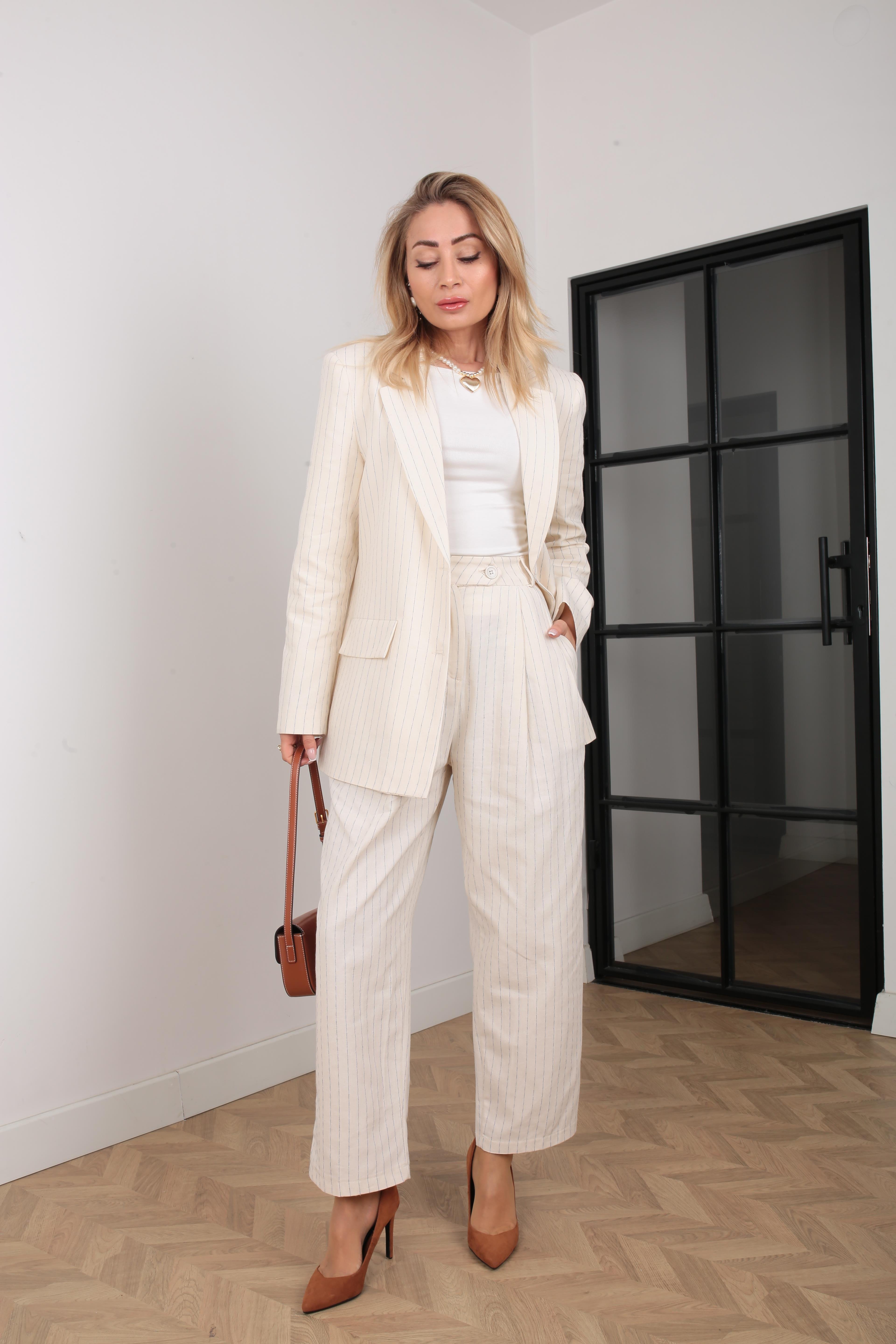 Naturel İnce Çizgili Keten Takım TAKIM