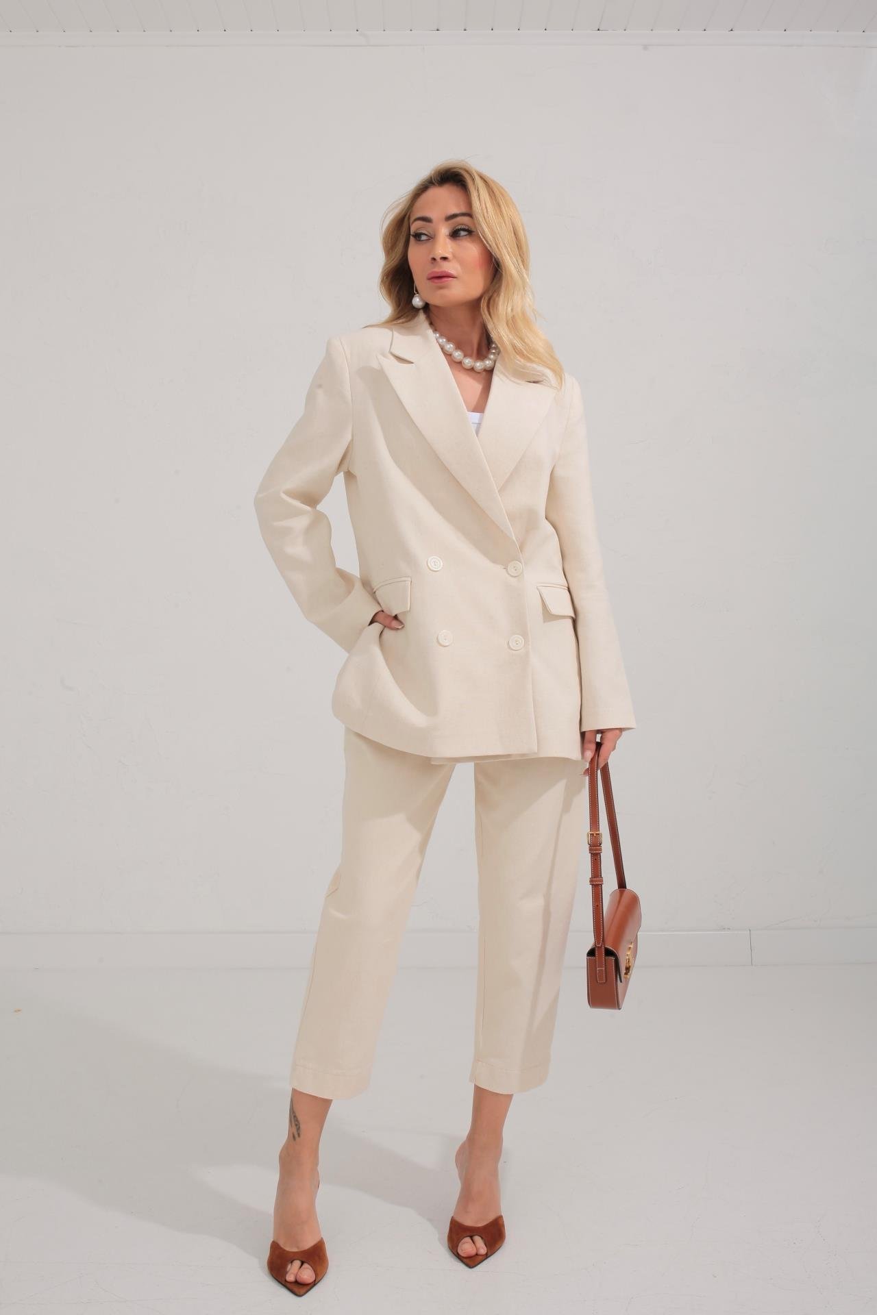 Naturel Kruvaze Keten Ceket CEKET