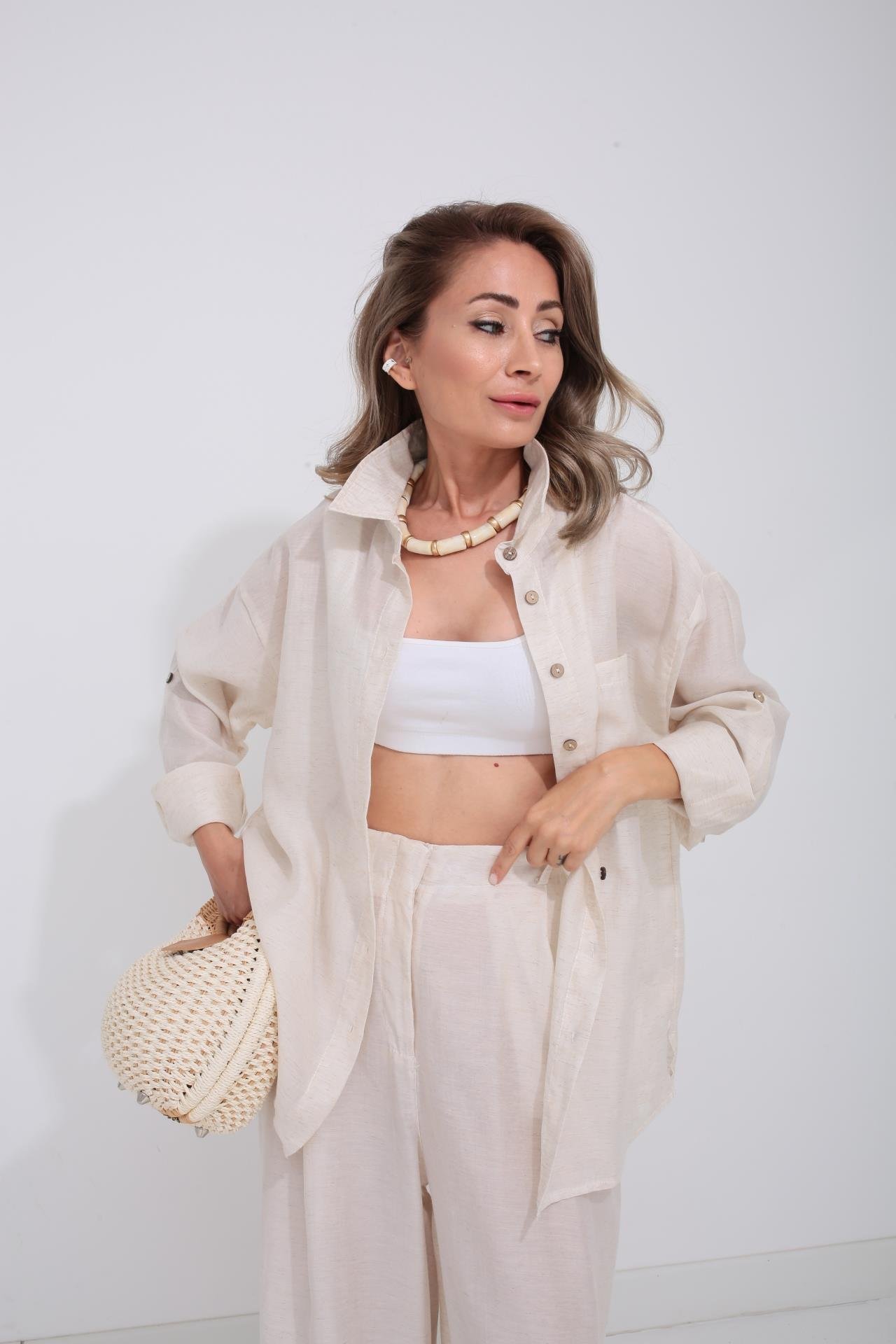 Naturel Tek Cep Gömlekli Palazzo Takım TAKIM | NO33