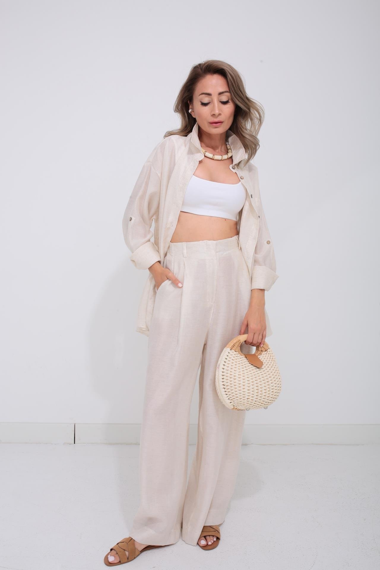 Naturel Tek Cep Gömlekli Palazzo Takım TAKIM | NO33