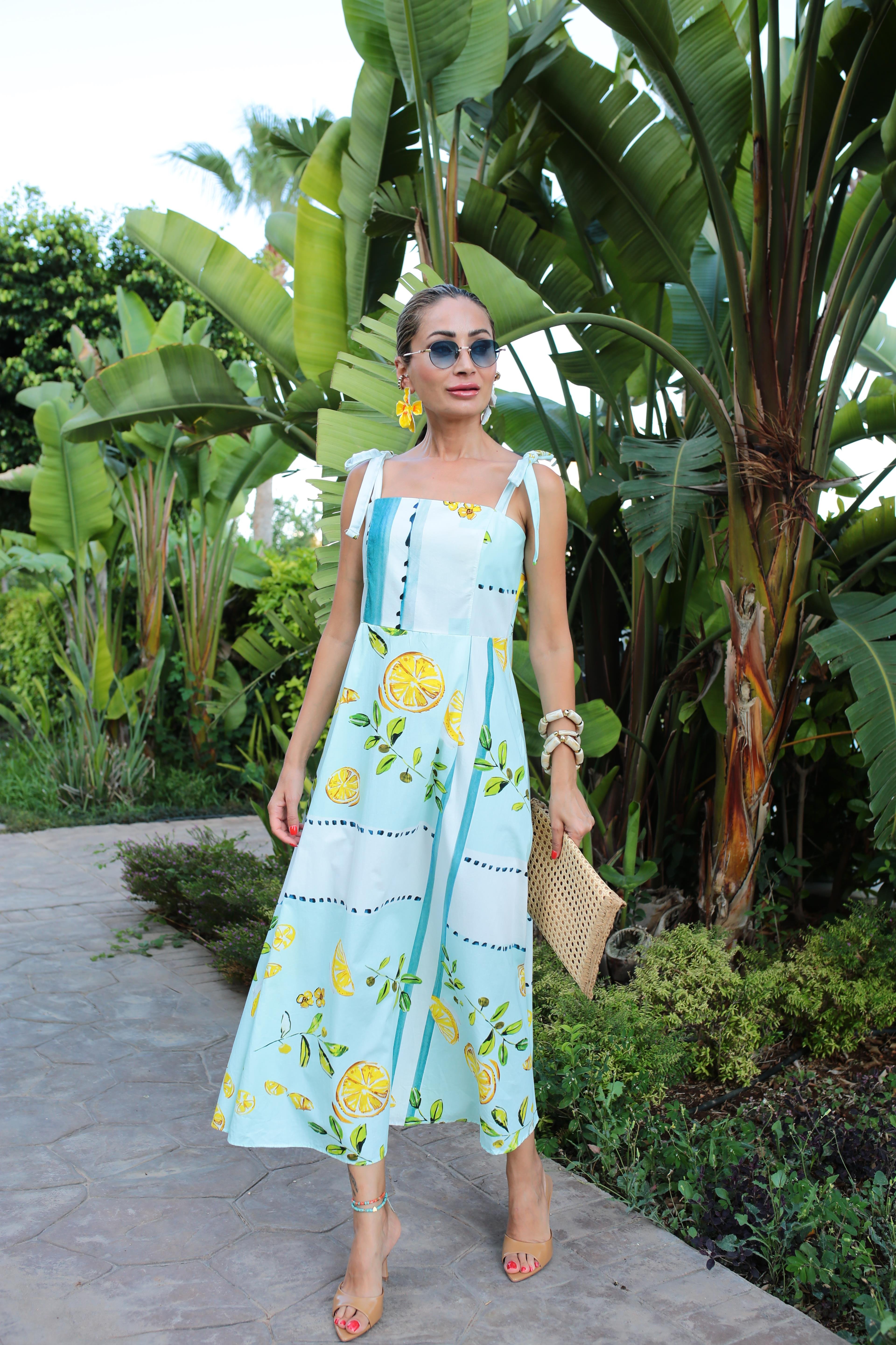 Omuzdan Bağlamalı Limon Desenli Uzun Elbise ELBİSE | NO33