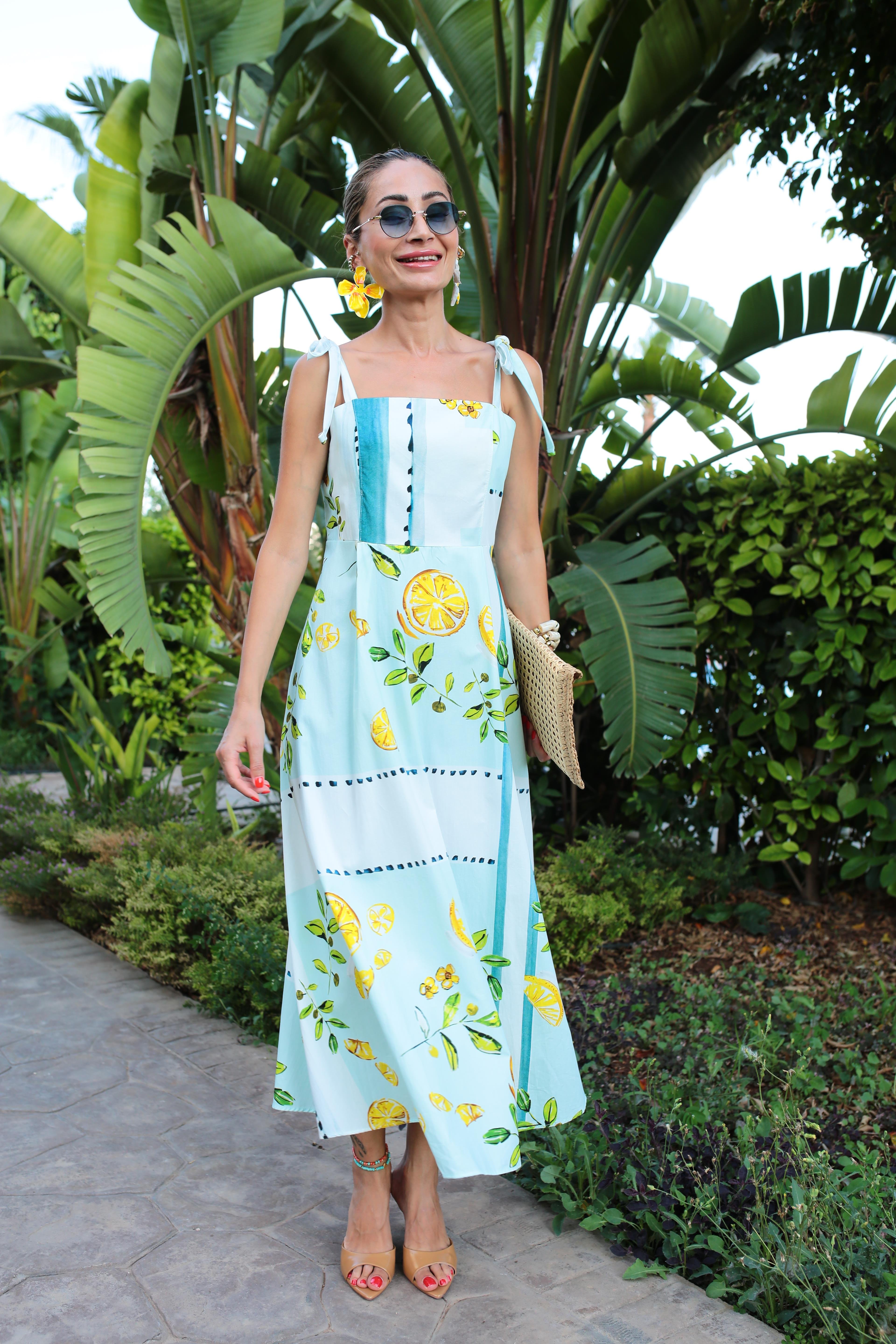 Omuzdan Bağlamalı Limon Desenli Uzun Elbise ELBİSE | NO33