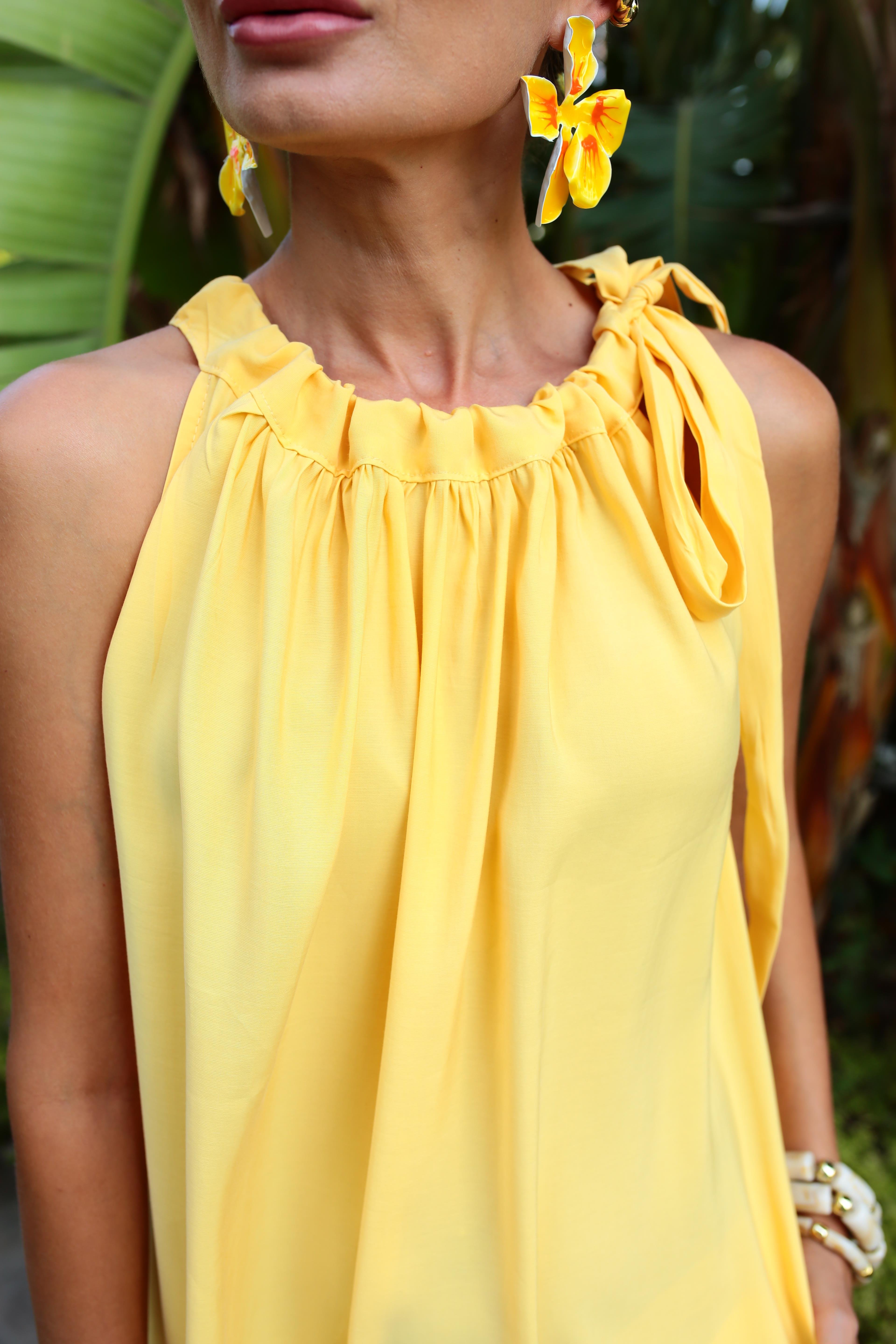 Omuzdan Bağlamalı Sarı Tensel Uzun Elbise ELBİSE | NO33