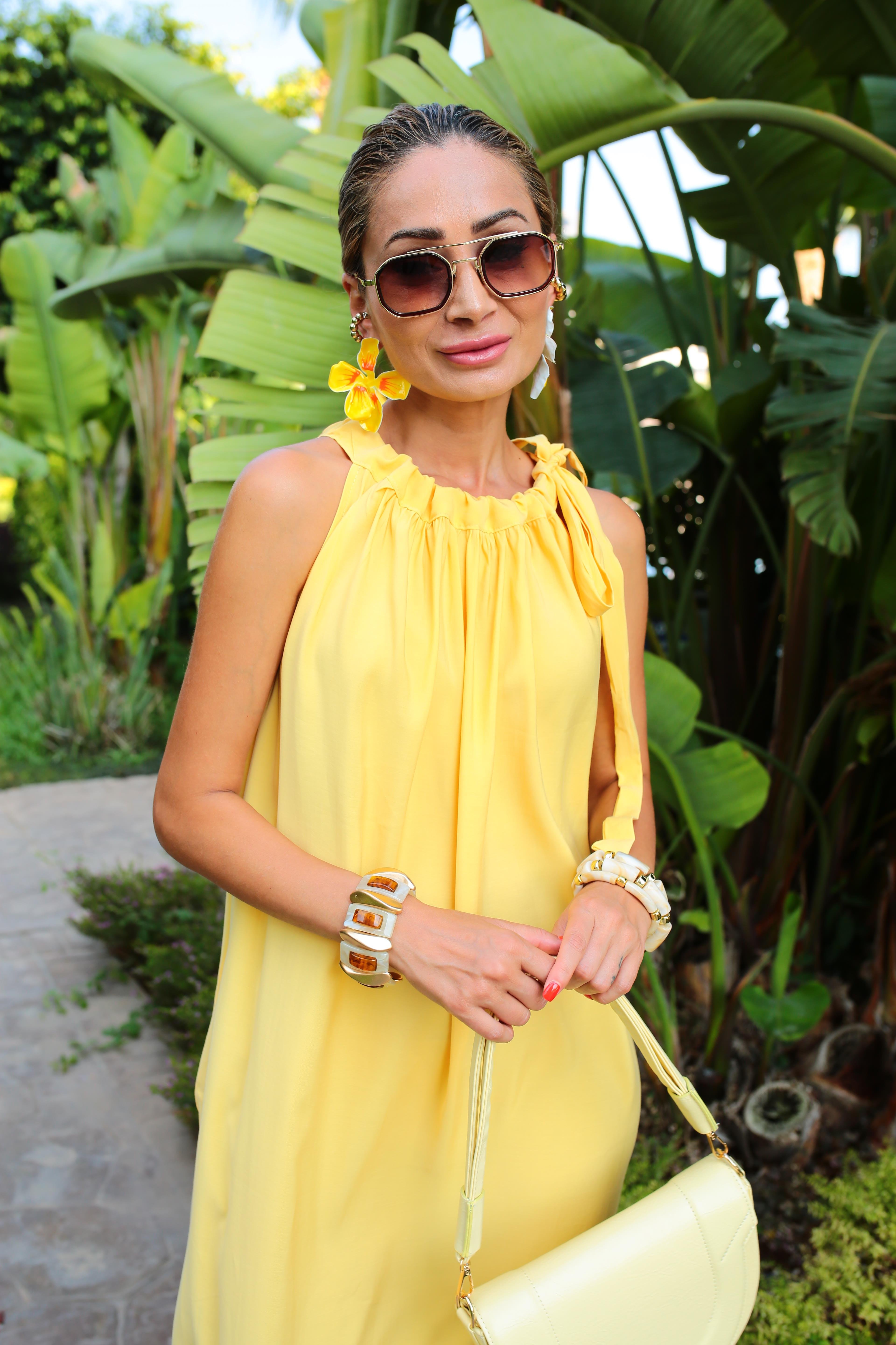 Omuzdan Bağlamalı Sarı Tensel Uzun Elbise ELBİSE | NO33