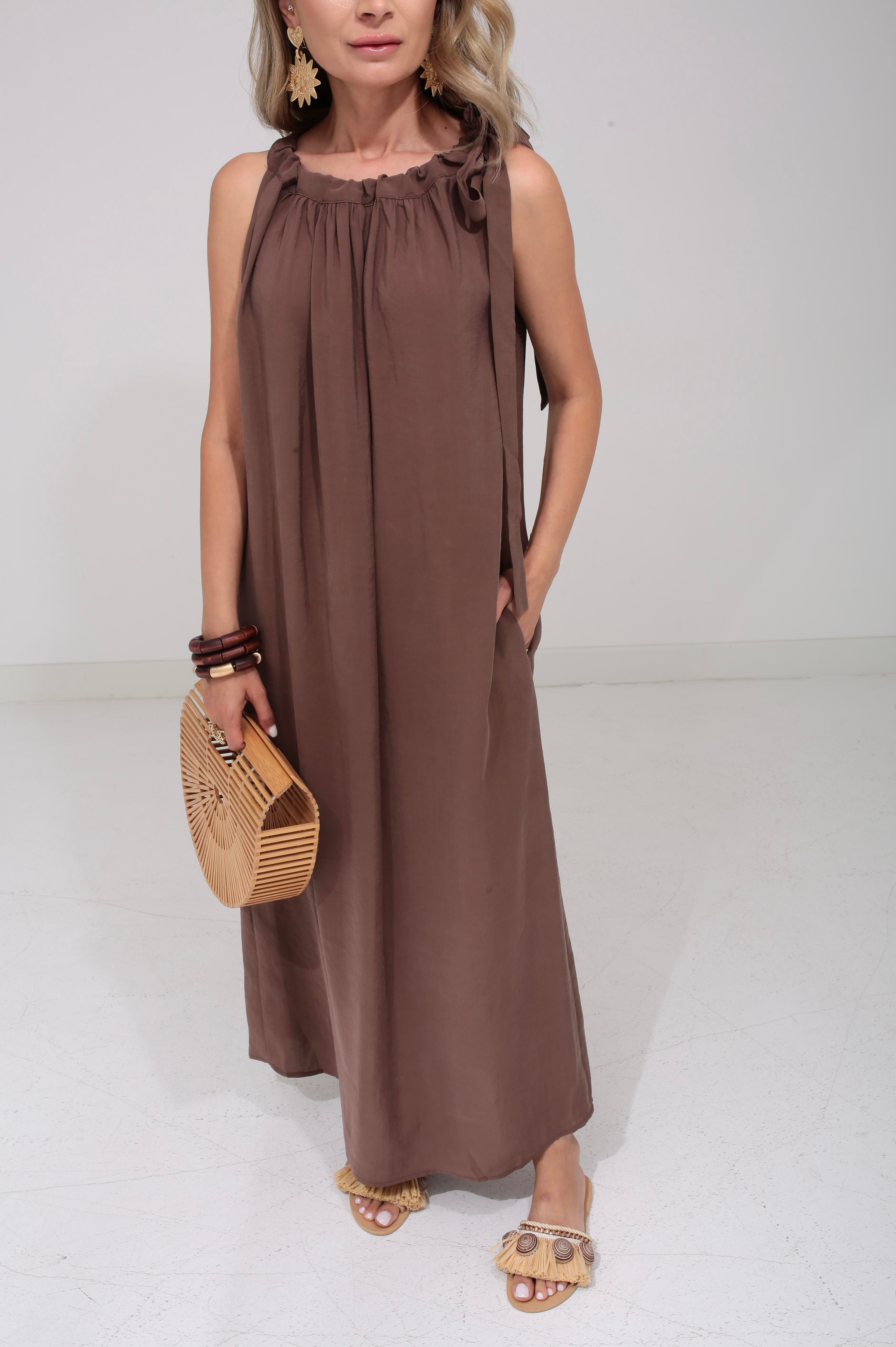 Omuzdan Bağlı Kahve Tensel Elbise ELBİSE | NO33
