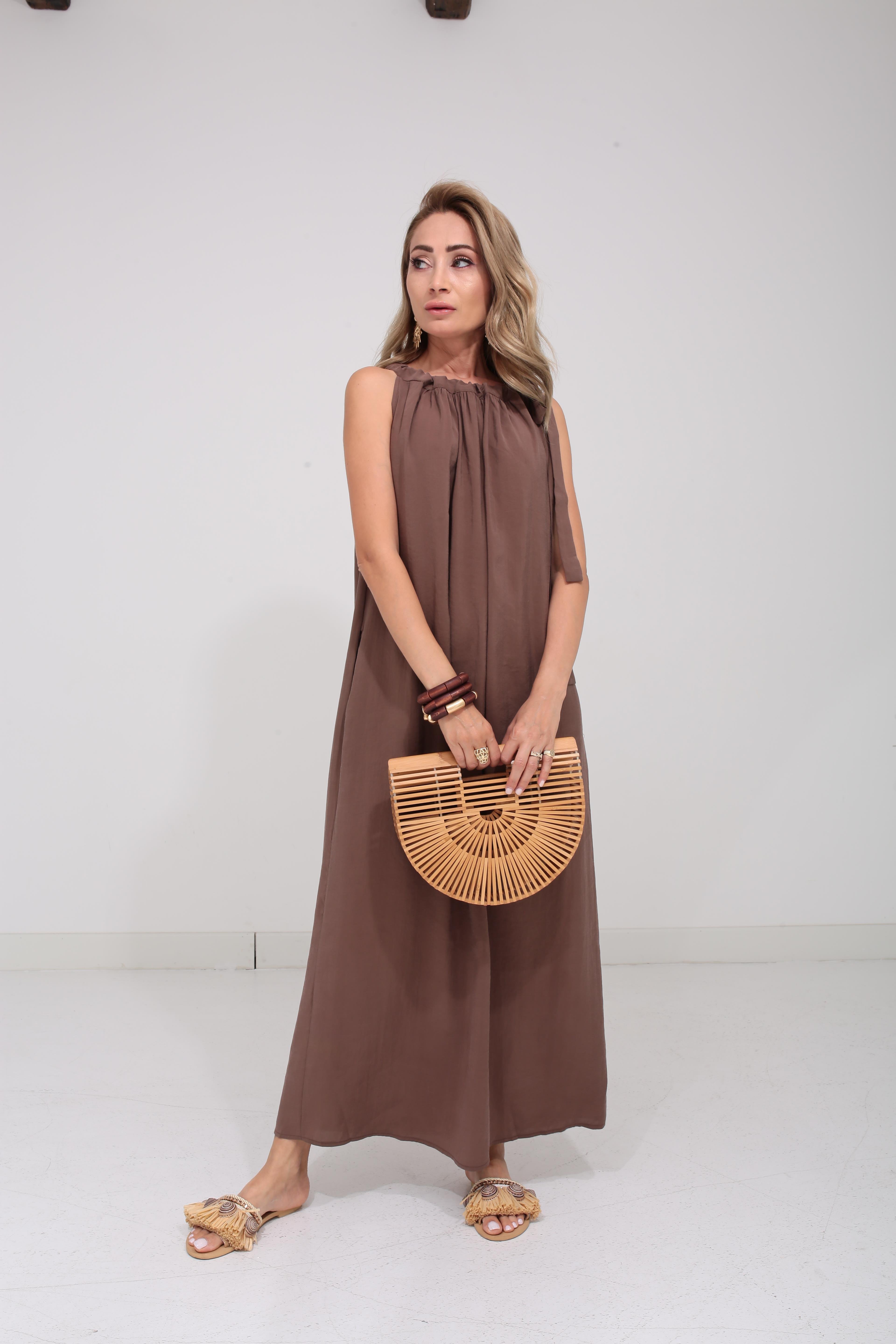 Omuzdan Bağlı Kahve Tensel Elbise ELBİSE | NO33