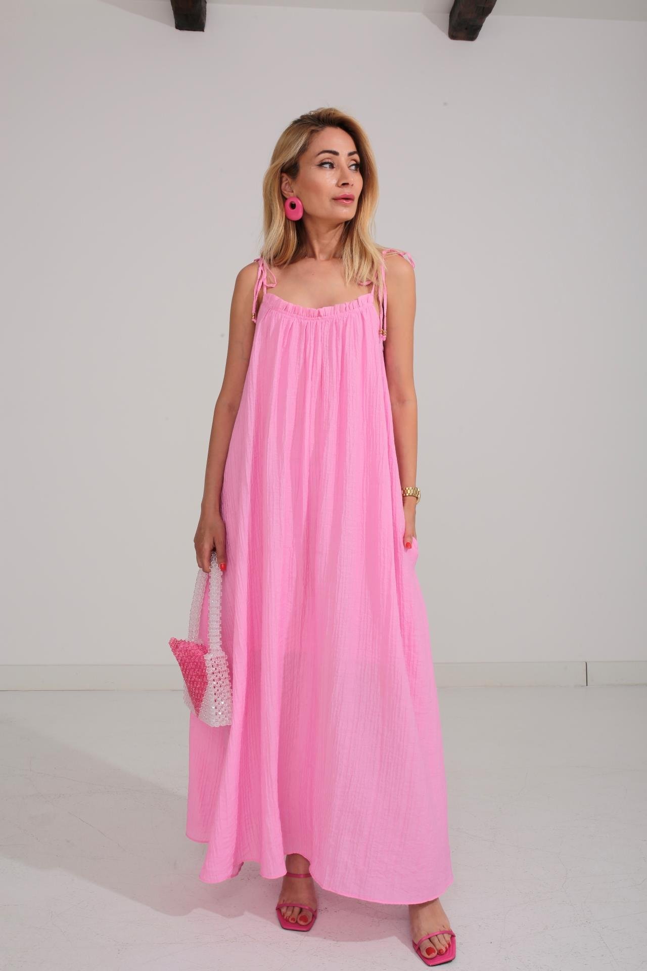 Omuzu Bağcıklı Astarlı Pembe Krinkıl Elbise ELBİSE | NO33