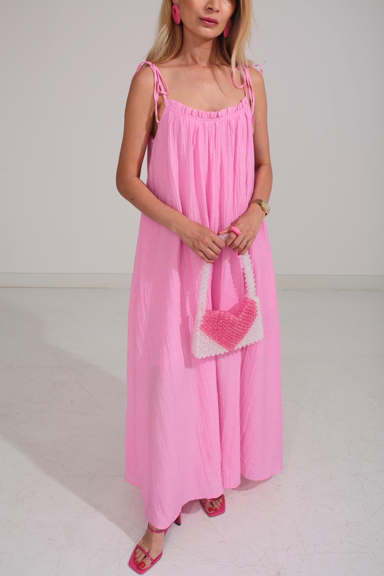 Omuzu Bağcıklı Astarlı Pembe Krinkıl Elbise ELBİSE | NO33