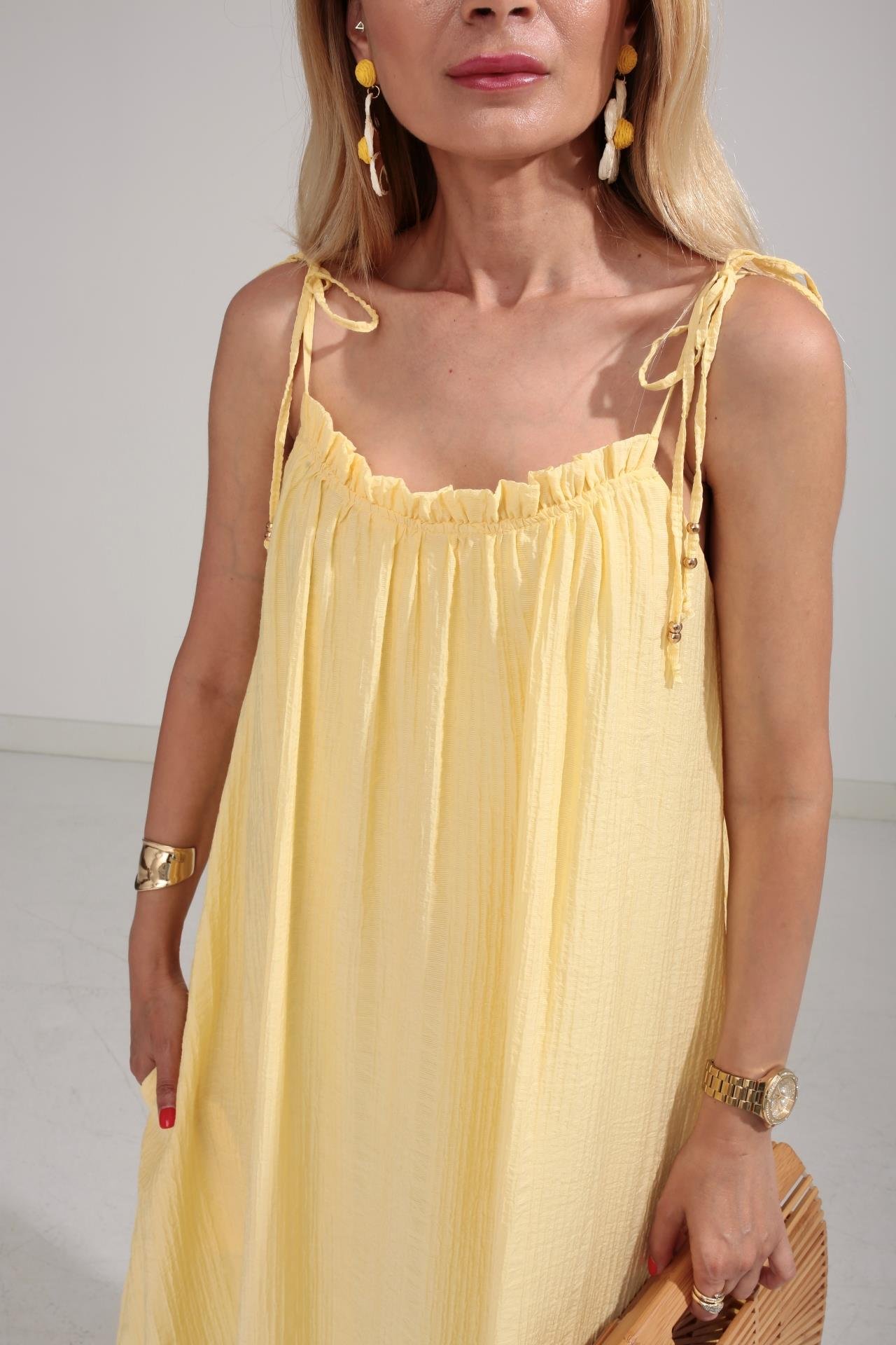 Omuzu Bağcıklı Astarlı Sarı Krinkıl Elbise ELBİSE | NO33