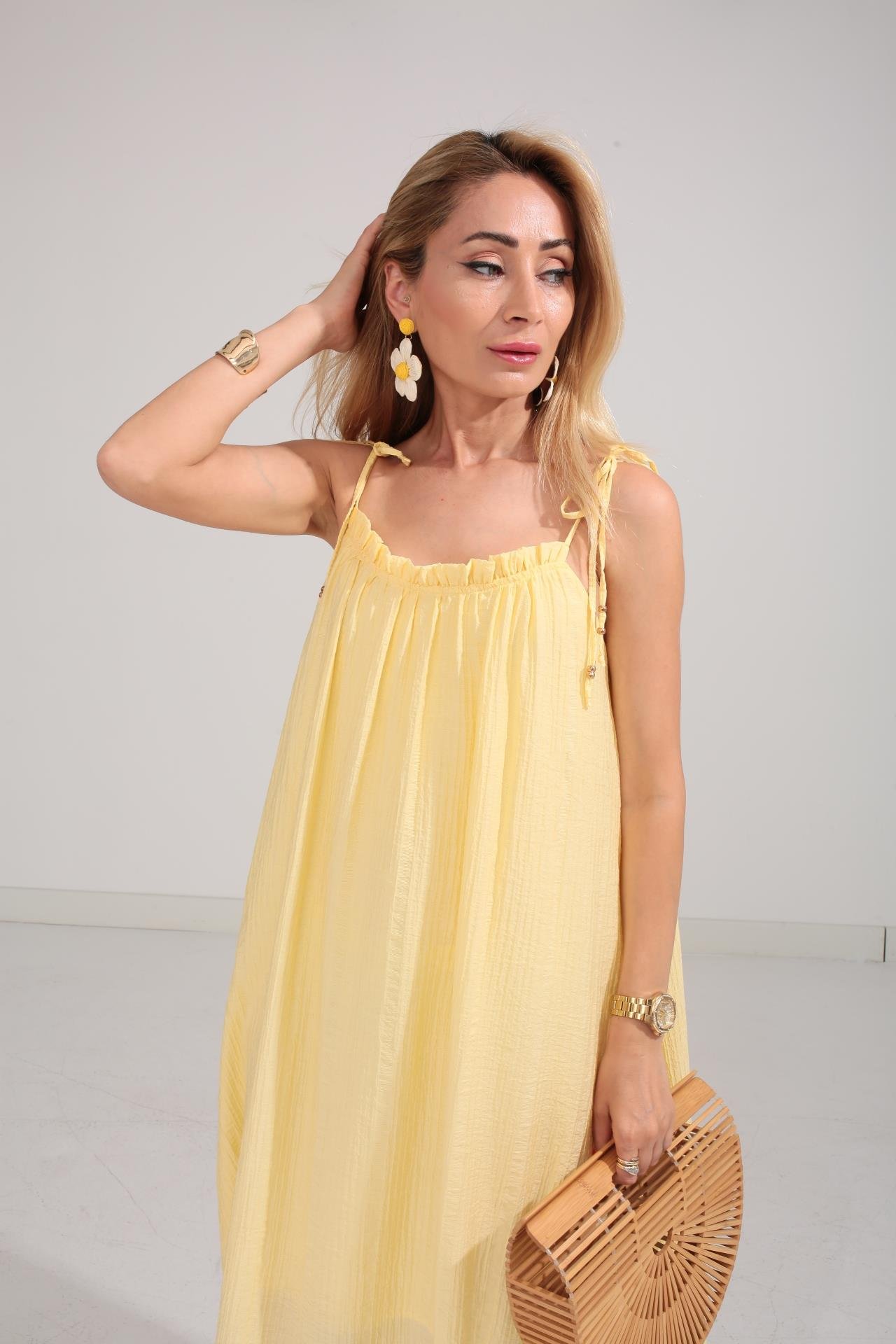 Omuzu Bağcıklı Astarlı Sarı Krinkıl Elbise ELBİSE | NO33