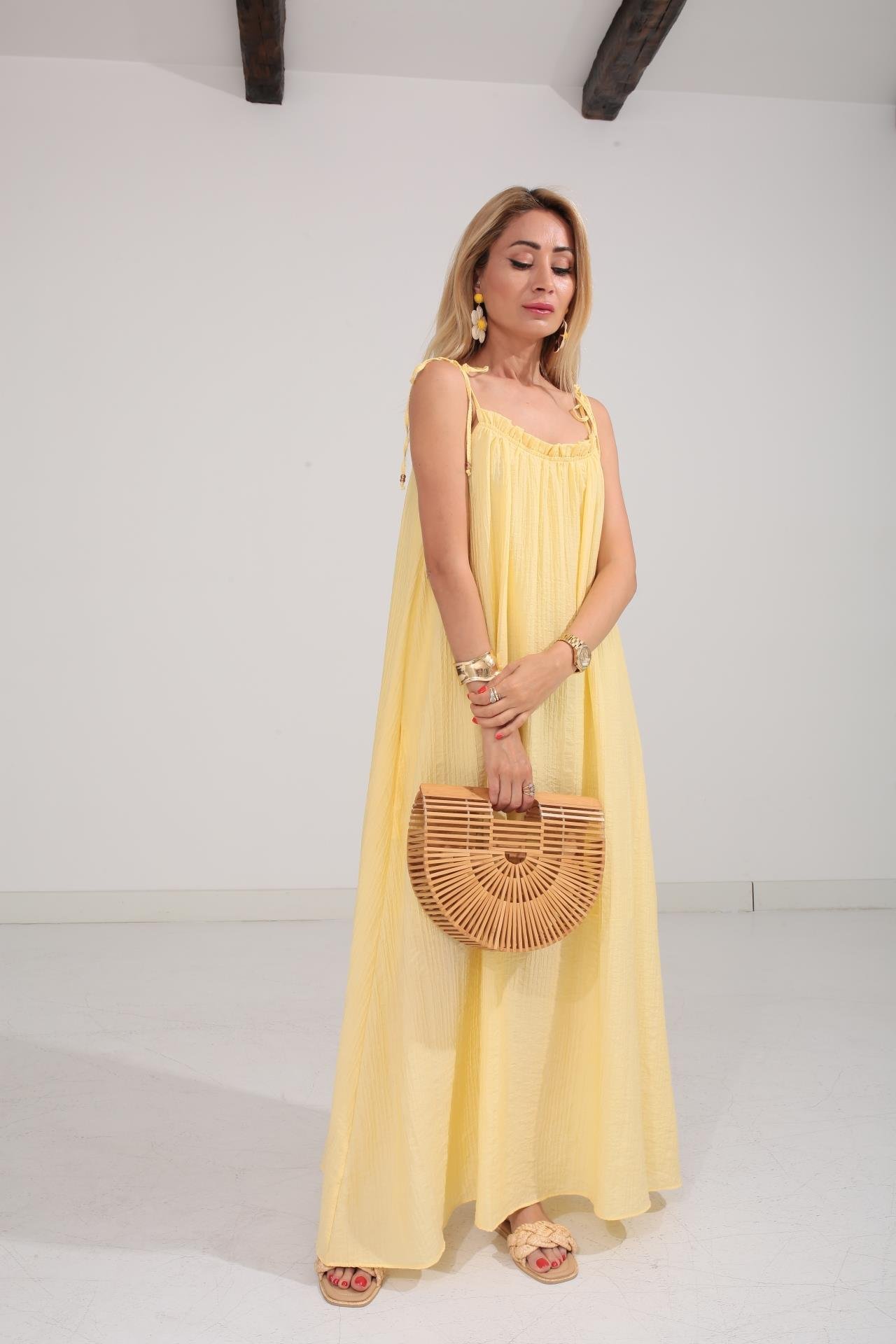 Omuzu Bağcıklı Astarlı Sarı Krinkıl Elbise ELBİSE | NO33