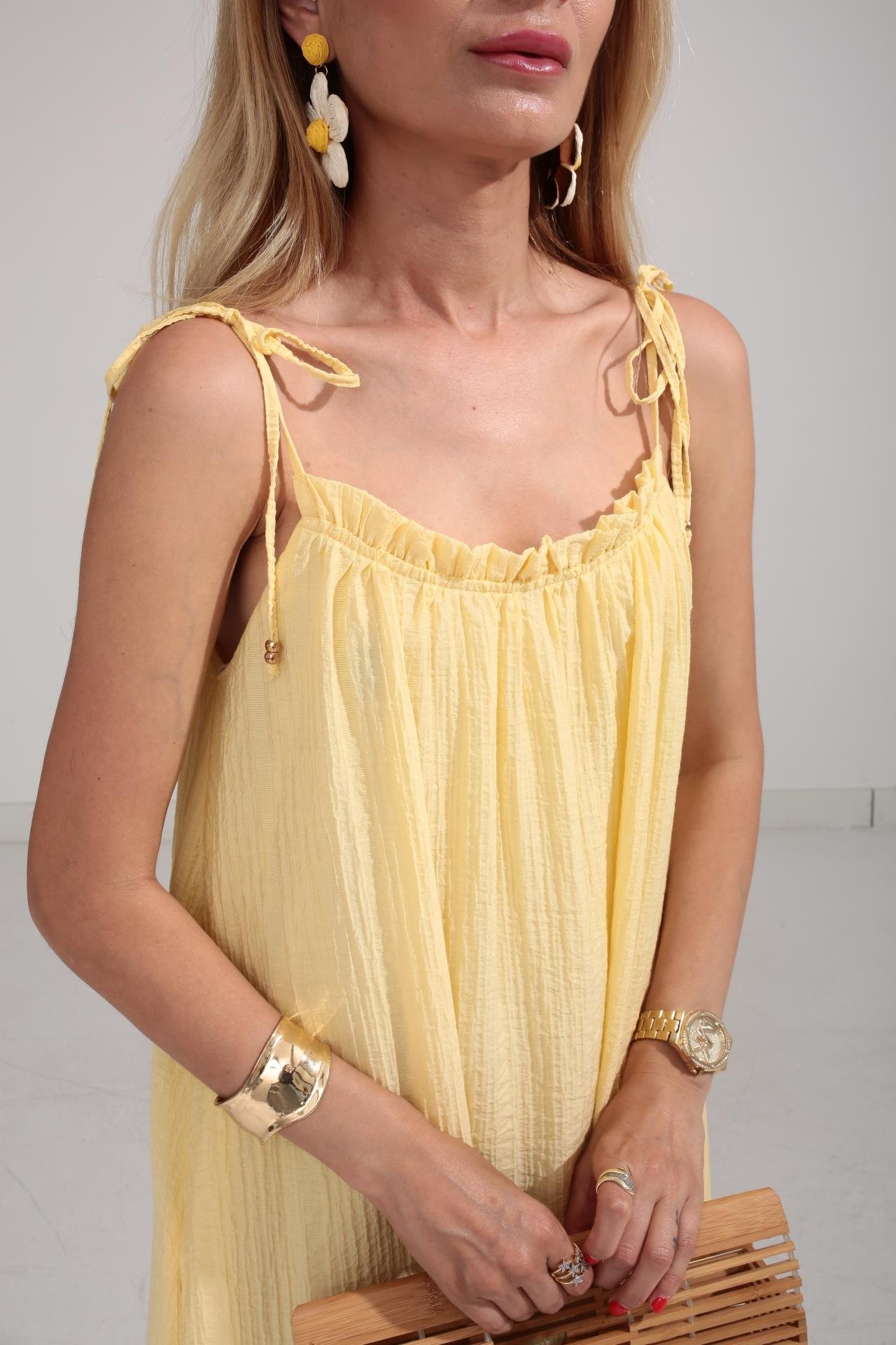 Omuzu Bağcıklı Astarlı Sarı Krinkıl Elbise ELBİSE | NO33