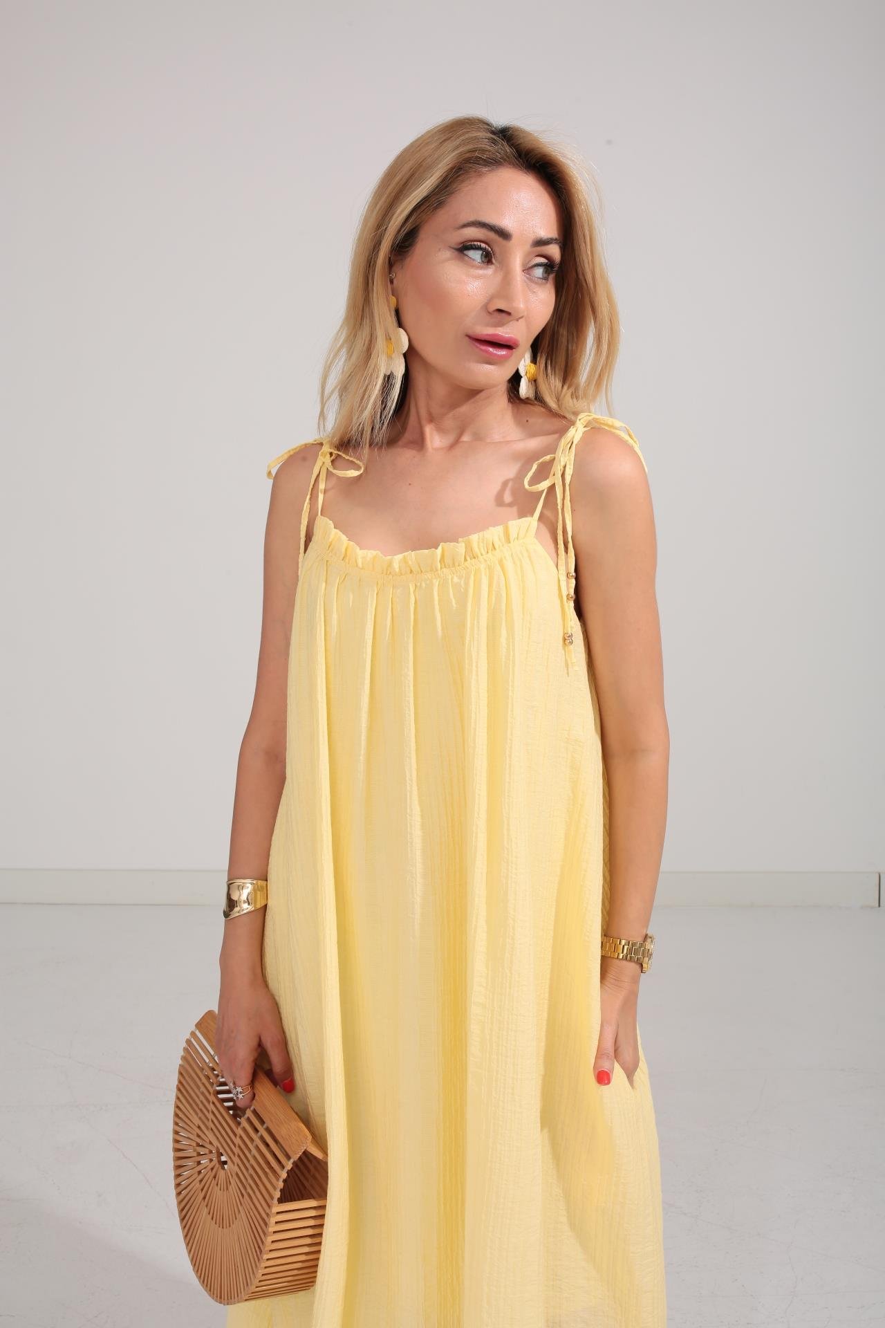 Omuzu Bağcıklı Astarlı Sarı Krinkıl Elbise ELBİSE | NO33