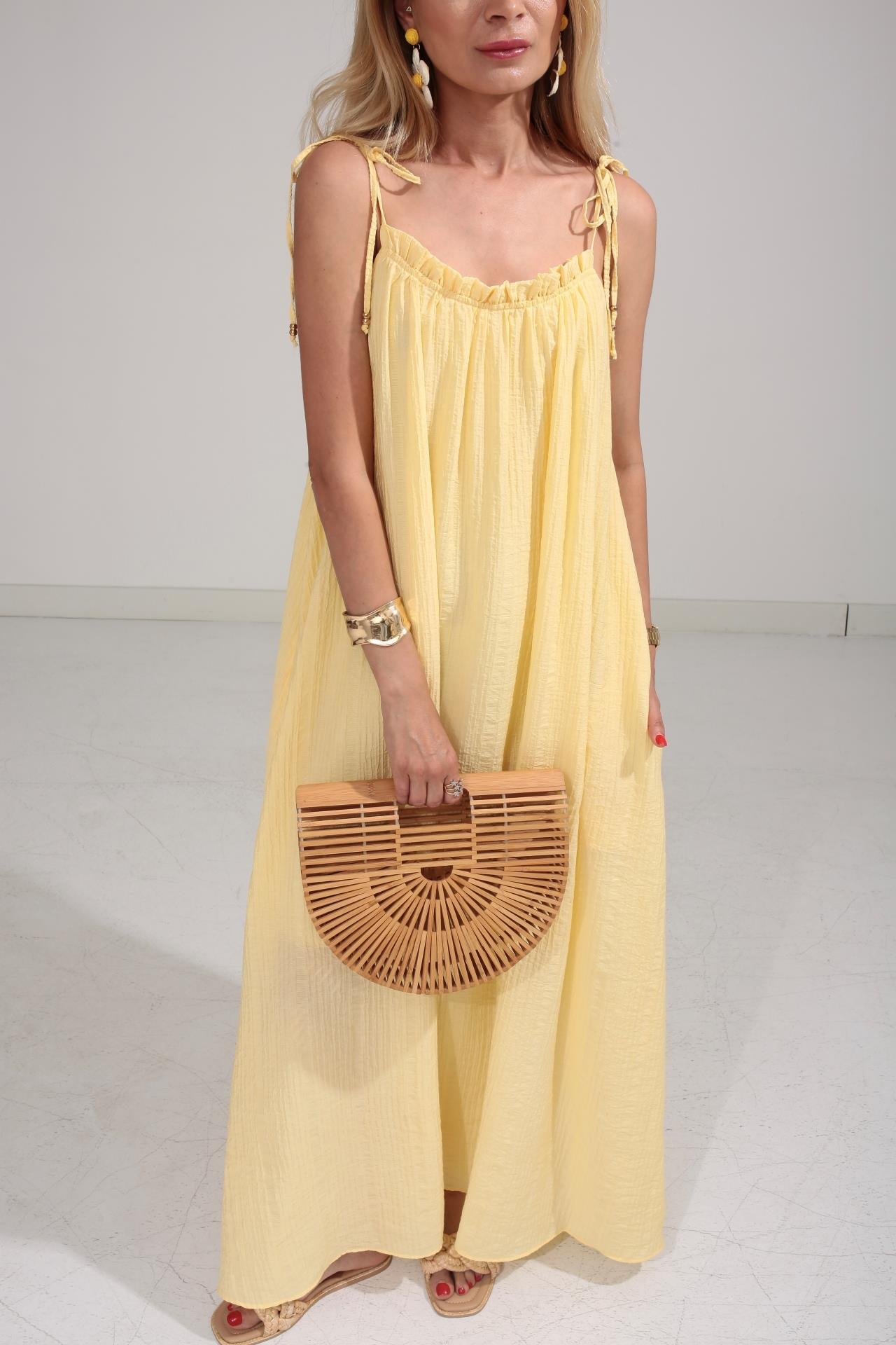 Omuzu Bağcıklı Astarlı Sarı Krinkıl Elbise ELBİSE | NO33