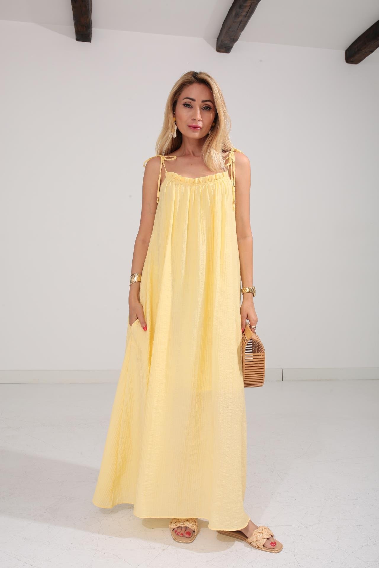 Omuzu Bağcıklı Astarlı Sarı Krinkıl Elbise ELBİSE | NO33