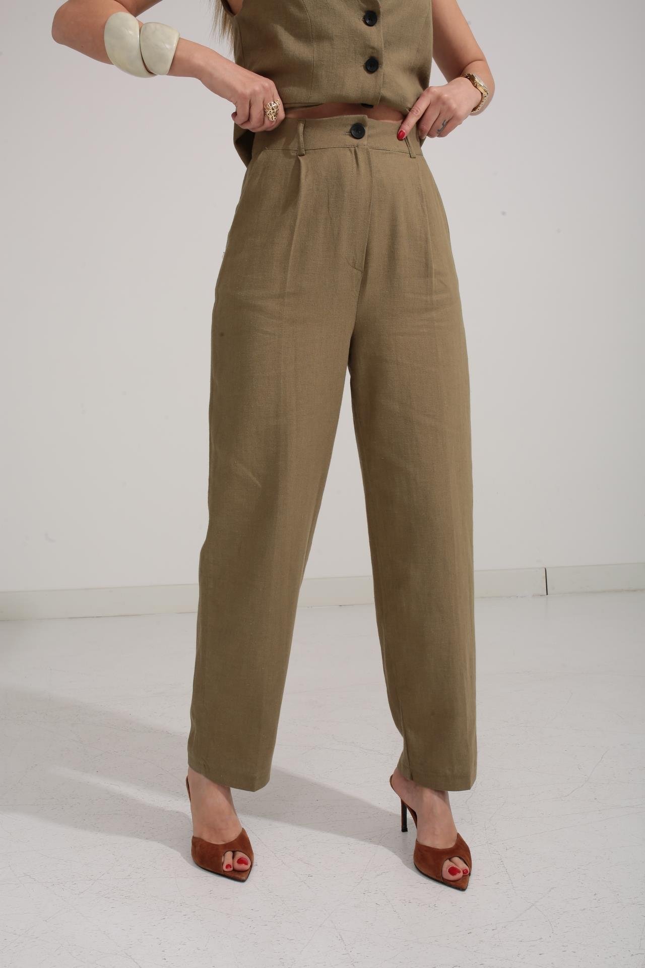 Önü Yırtmaçlı Haki Yelekli Keten Takım TAKIM | NO33