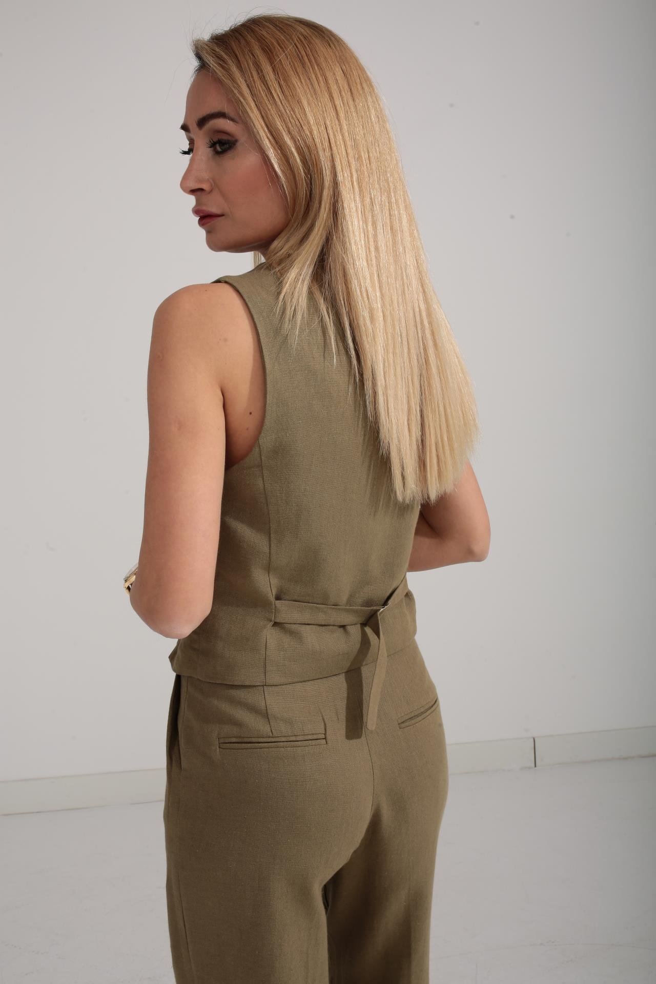 Önü Yırtmaçlı Haki Yelekli Keten Takım TAKIM | NO33