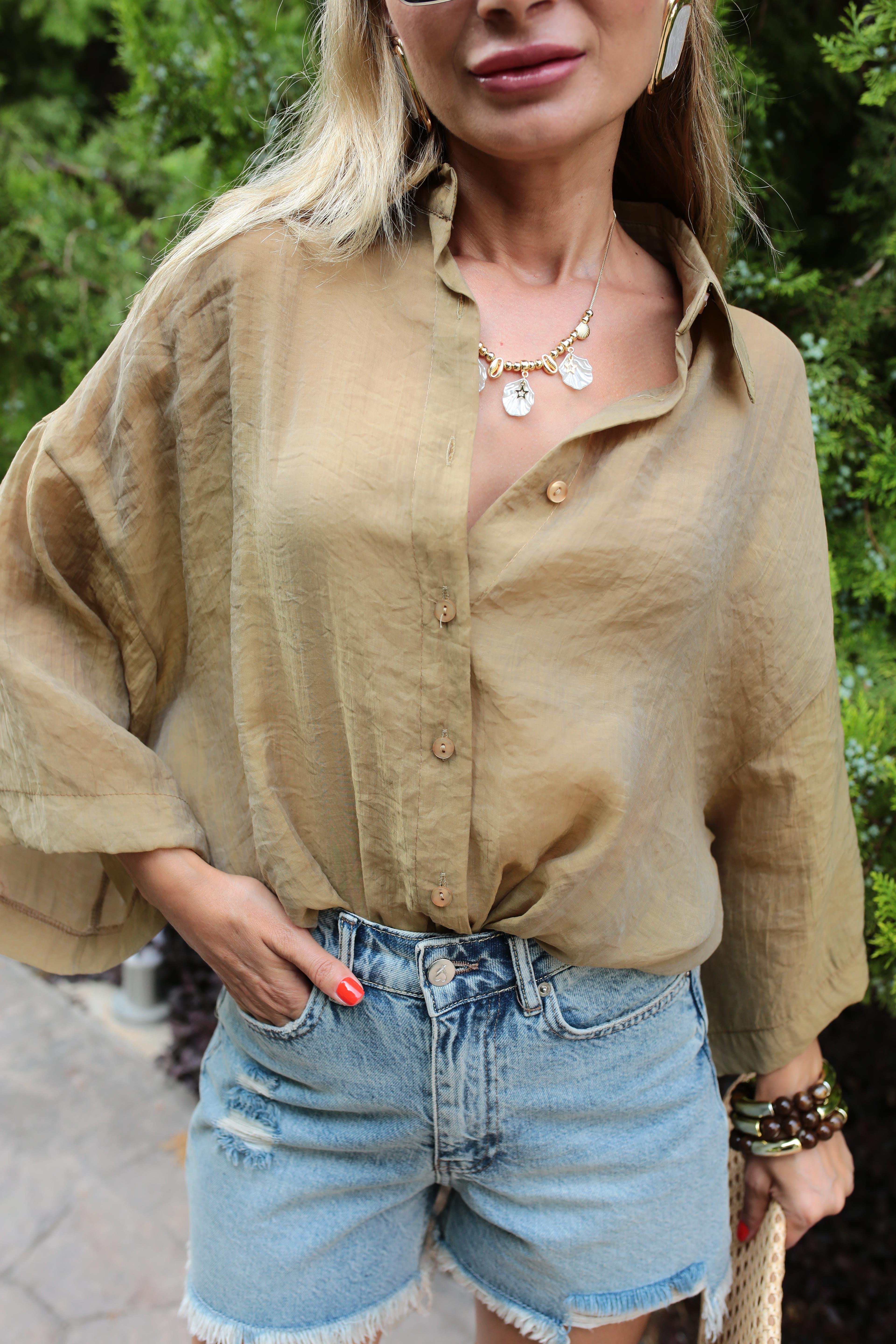 Oversize Haki İpeksi Gömlek GÖMLEK | NO33