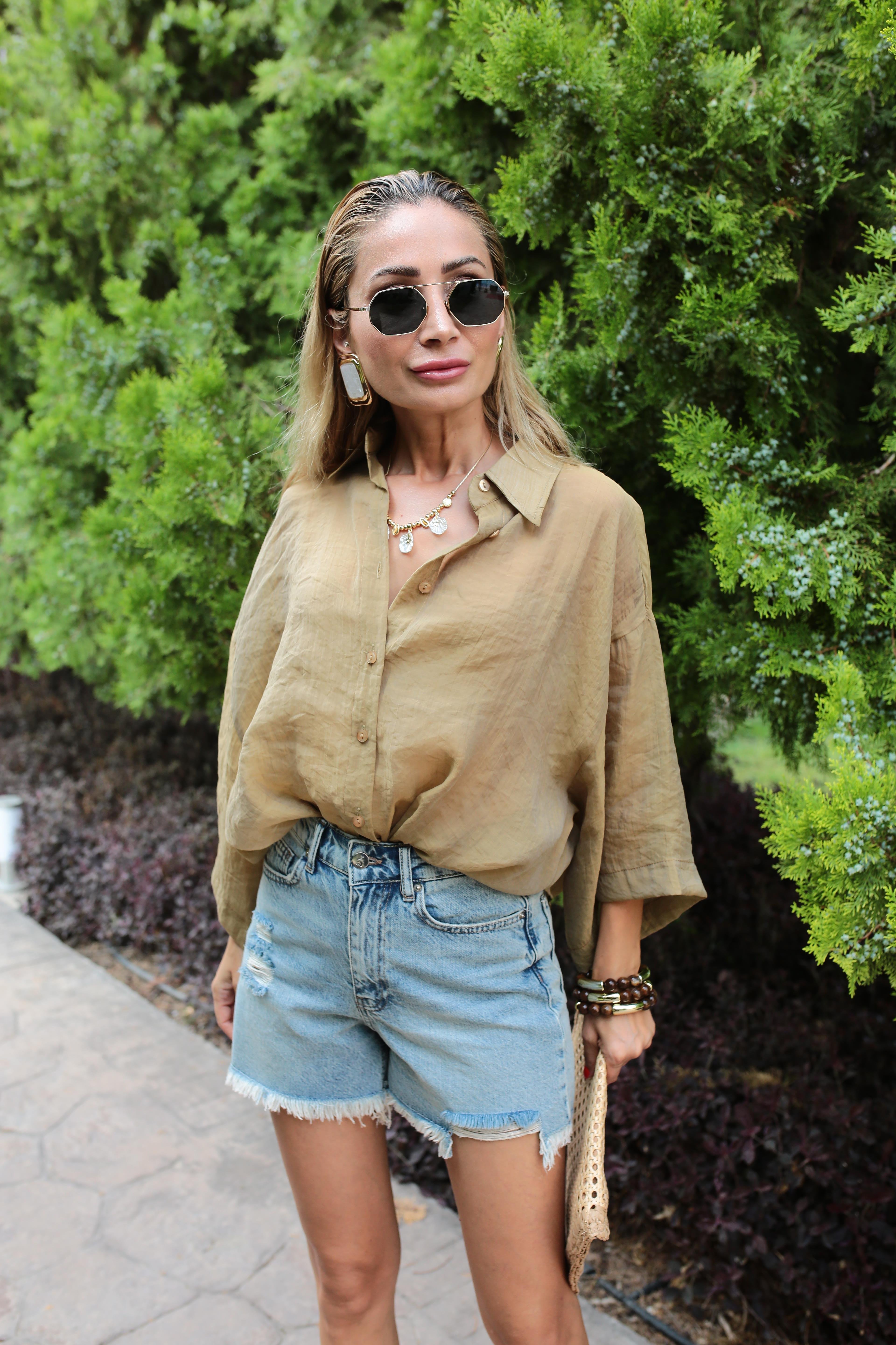 Oversize Haki İpeksi Gömlek GÖMLEK | NO33