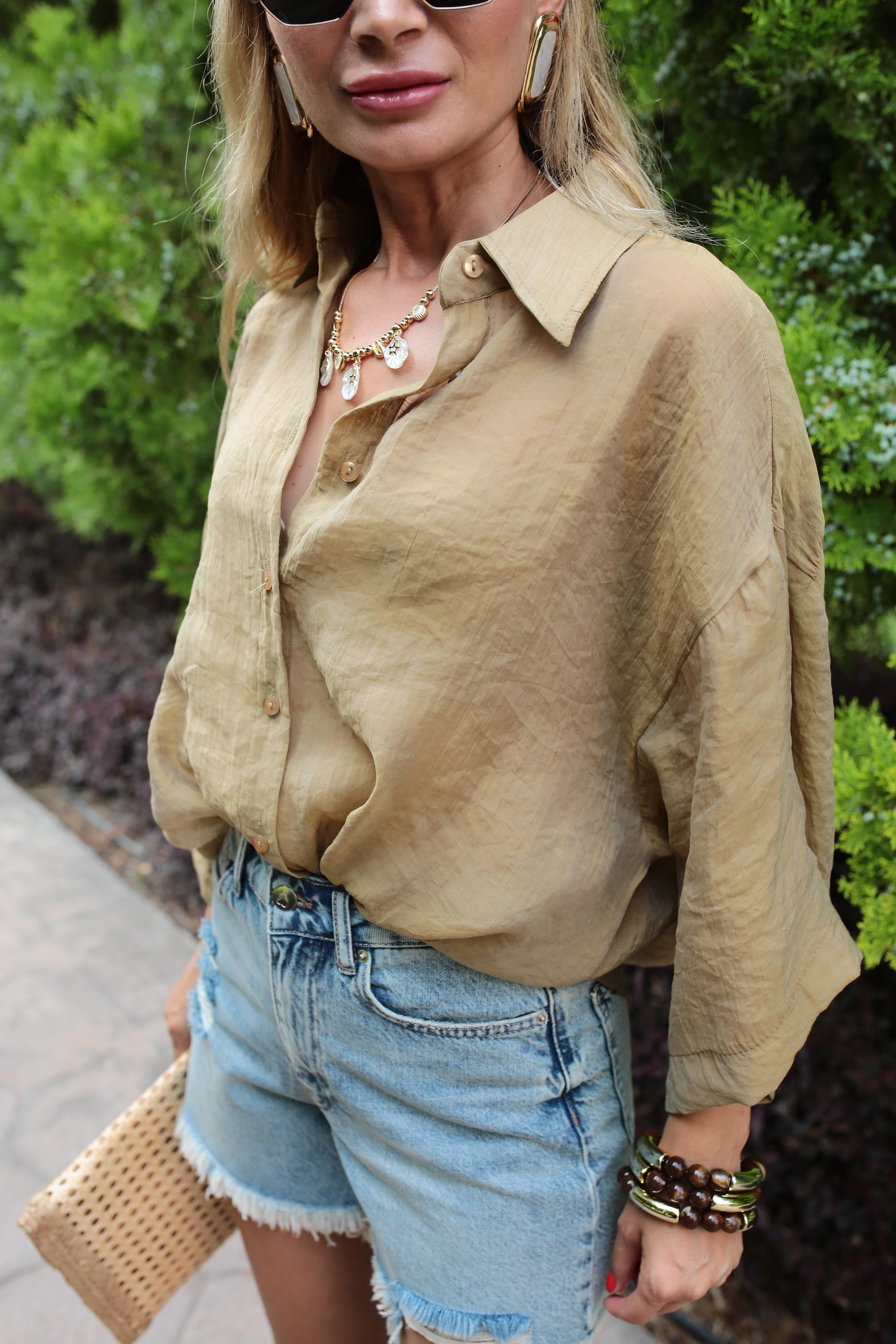 Oversize Haki İpeksi Gömlek GÖMLEK | NO33