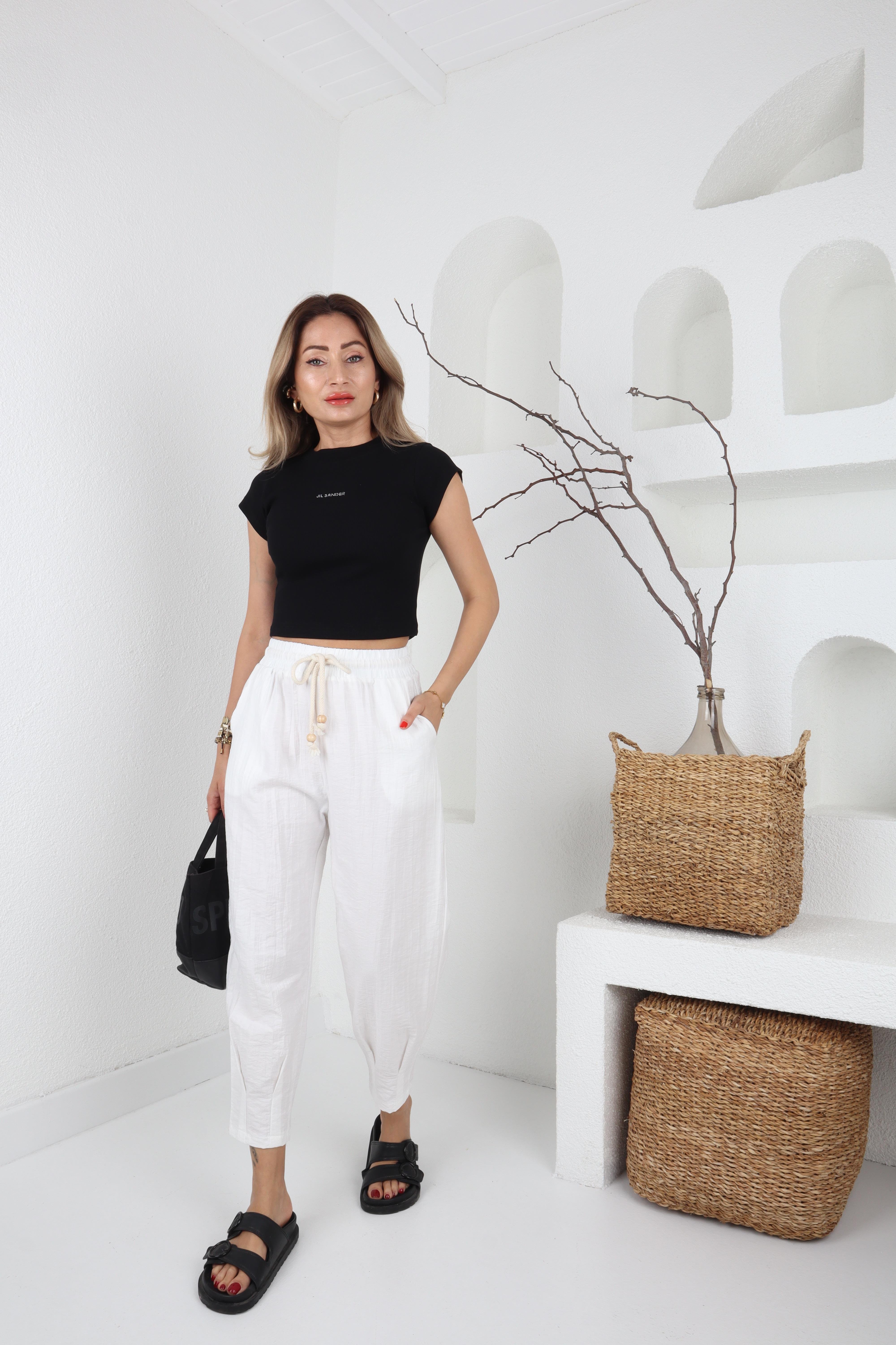 Paça Pilili Halat Kemer Beyaz Pantolon PANTOLON