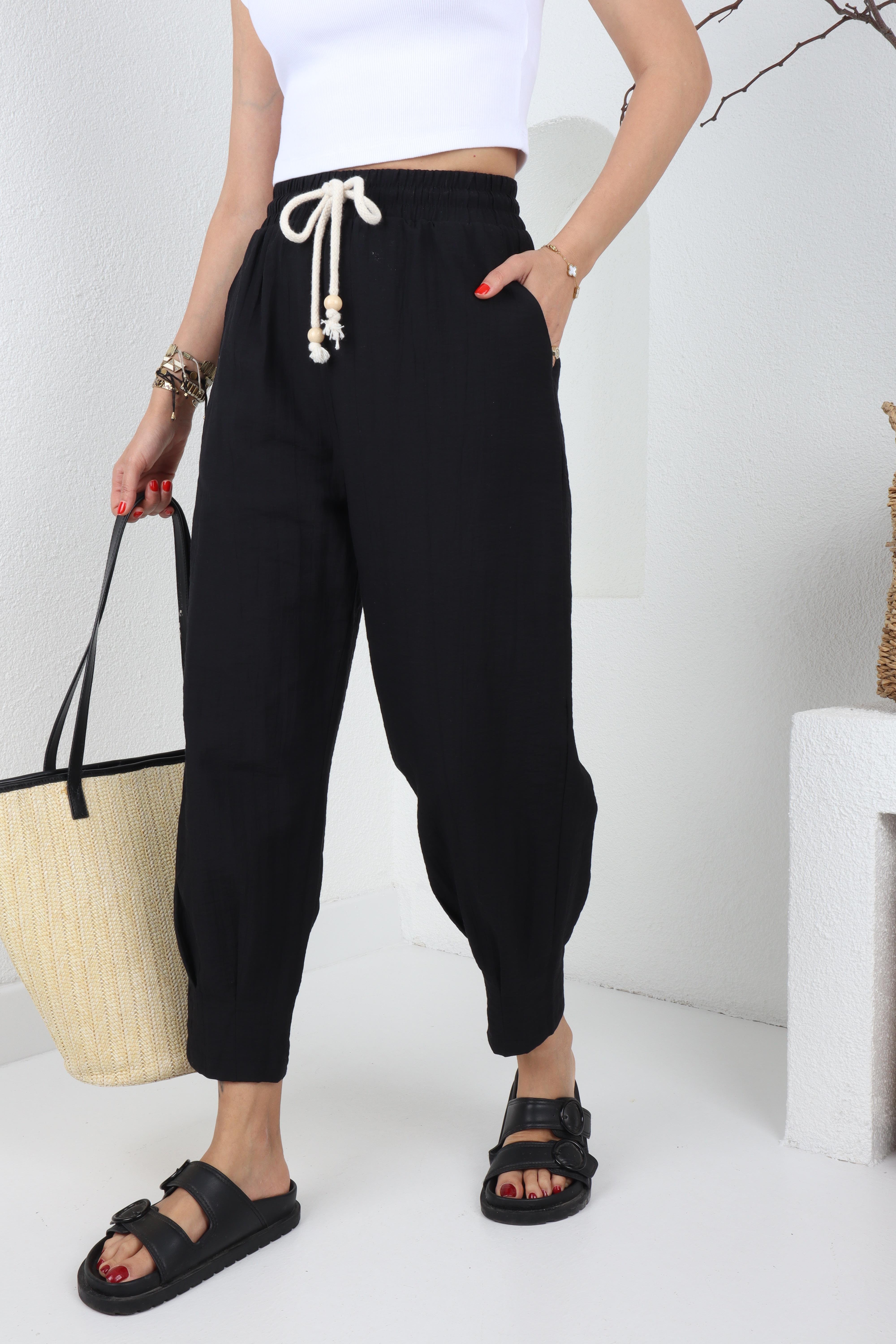 Paça Pilili Halat Kemer Siyah Pantolon PANTOLON