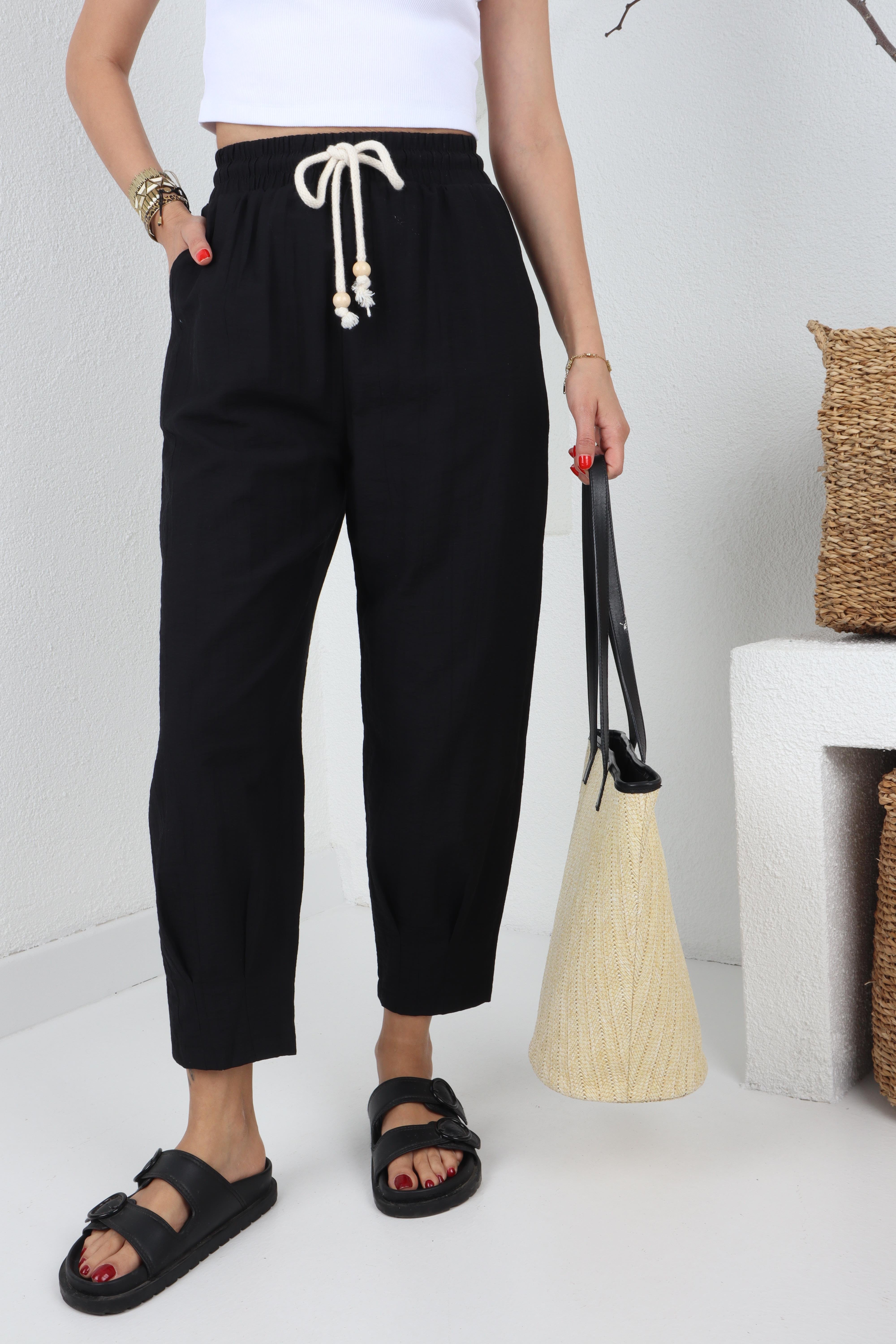 Paça Pilili Halat Kemer Siyah Pantolon PANTOLON