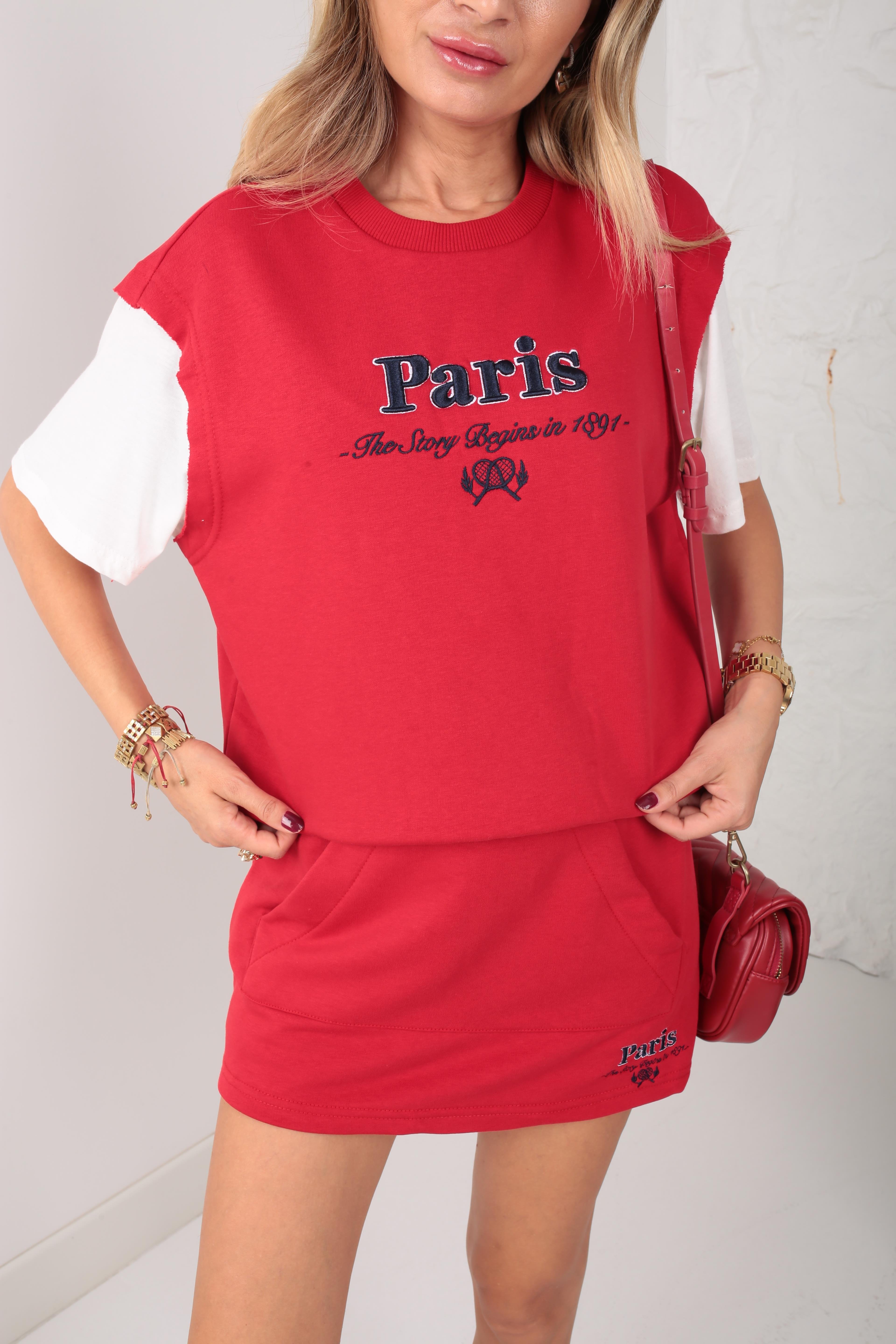 Paris Nakışlı Kırmızı  Şort Etekli Spor Takım SPOR TAKIMLAR
